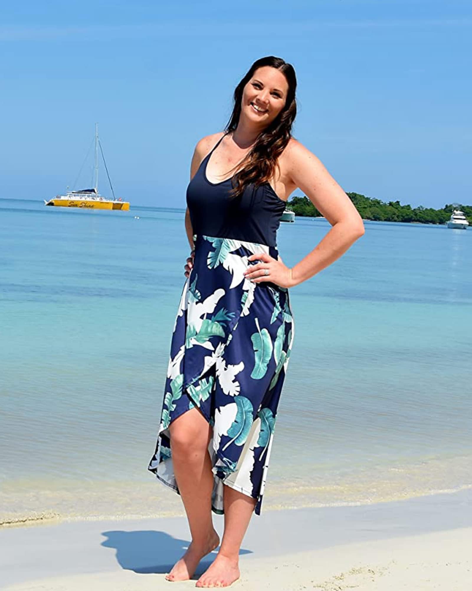 KILIG Women's V Neck Sleeveless Floral Maxi Dress - Asymmetrical Patchwork Summer Sundress for Beach, Vacation & Casual Wear