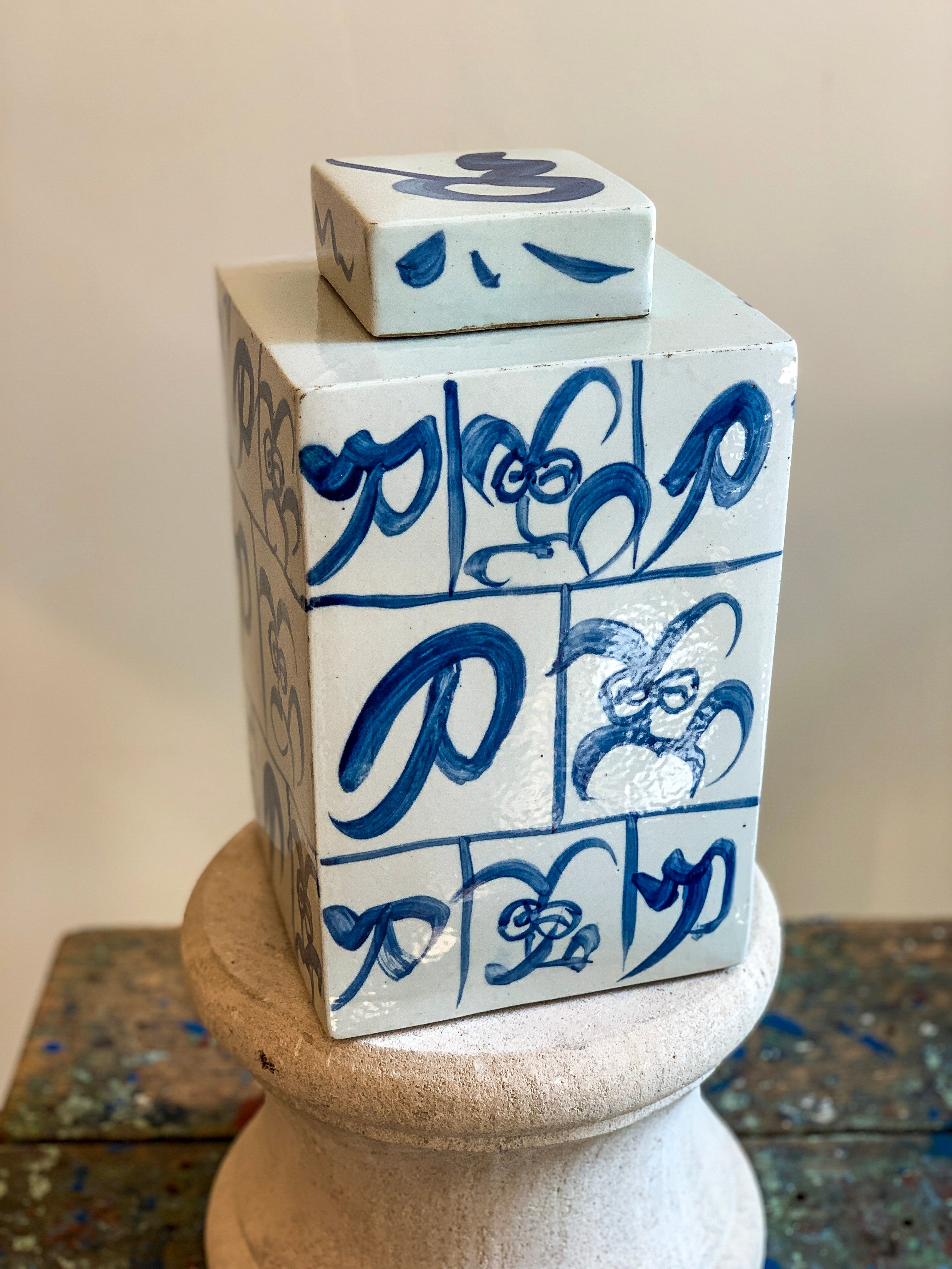 Modern Square Blue & White Ceramic Lidded Jar - Handmade Decorative Storage Container for Kitchen, Bathroom & Office | Perfect for Organizing Spices, Cotton Balls or Desk Supplies