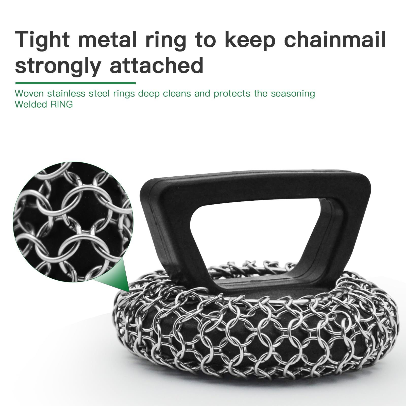 **Amagabeli Cast Iron Cleaner with Handle - Stainless Steel Chainmail Pan Scrubber for Cast Iron Skillets, Pots, Woks & BBQ Grills - Heavy Duty Scouring Pad for Tough Grease & Burnt Food (Perfect for Camping, Outdoor Cooking & Kitchen Use)**