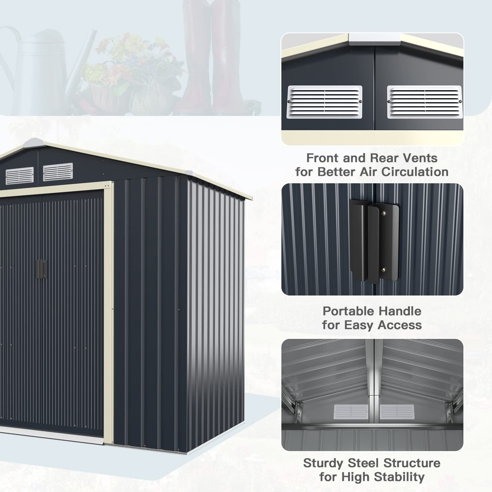Giantex 7x4 FT Outdoor Storage Shed with Double Sliding Doors - Galvanized Metal Garden Storage Room with Front & Back Ventilation - Weatherproof Tool Shed for Backyard, Patio, Lawn & Garage Organization (Perfect for Storing Lawn Mowers, Gardening Tools & Seasonal Items)