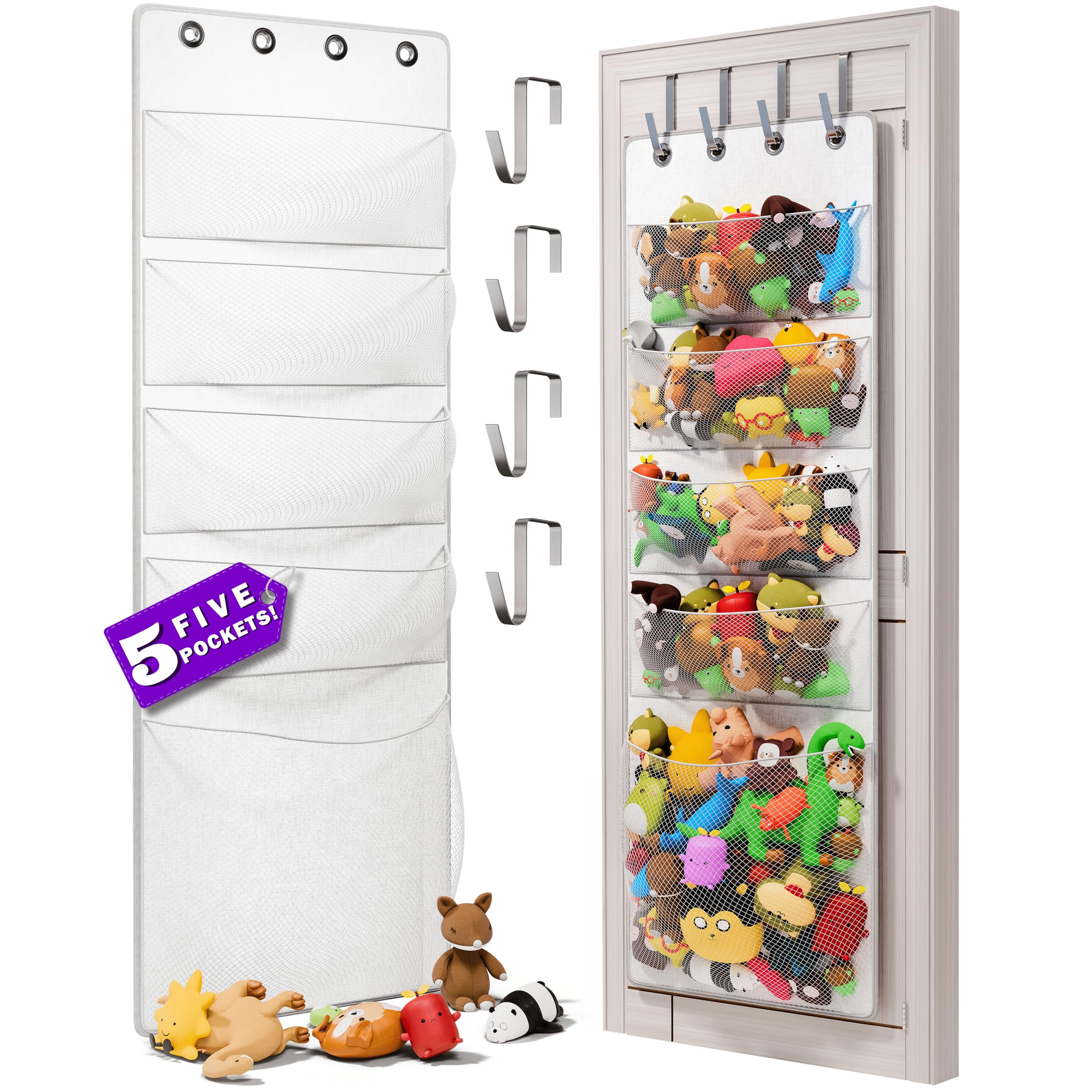 Original 5-Pocket Over-the-Door Stuffed Animal Storage Organizer - Space-Saving Toy Hammock for Kids' Bedroom, Nursery & Playroom - Perfect for Stuffed Animals, Plush Toys, Barbie Dolls & Pet Accessories