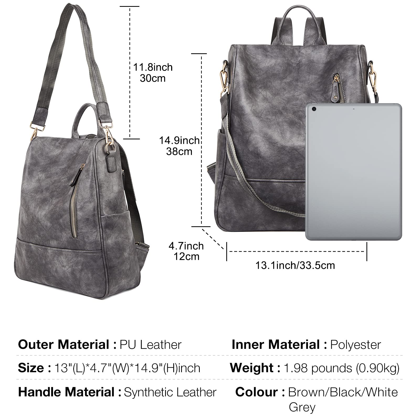 FOXLOVER Women's Leather Backpack Purse - Large Travel Backpack, Fashionable Designer Shoulder Bag for Women (Grey) - Perfect for Work, College, Travel & Everyday Use