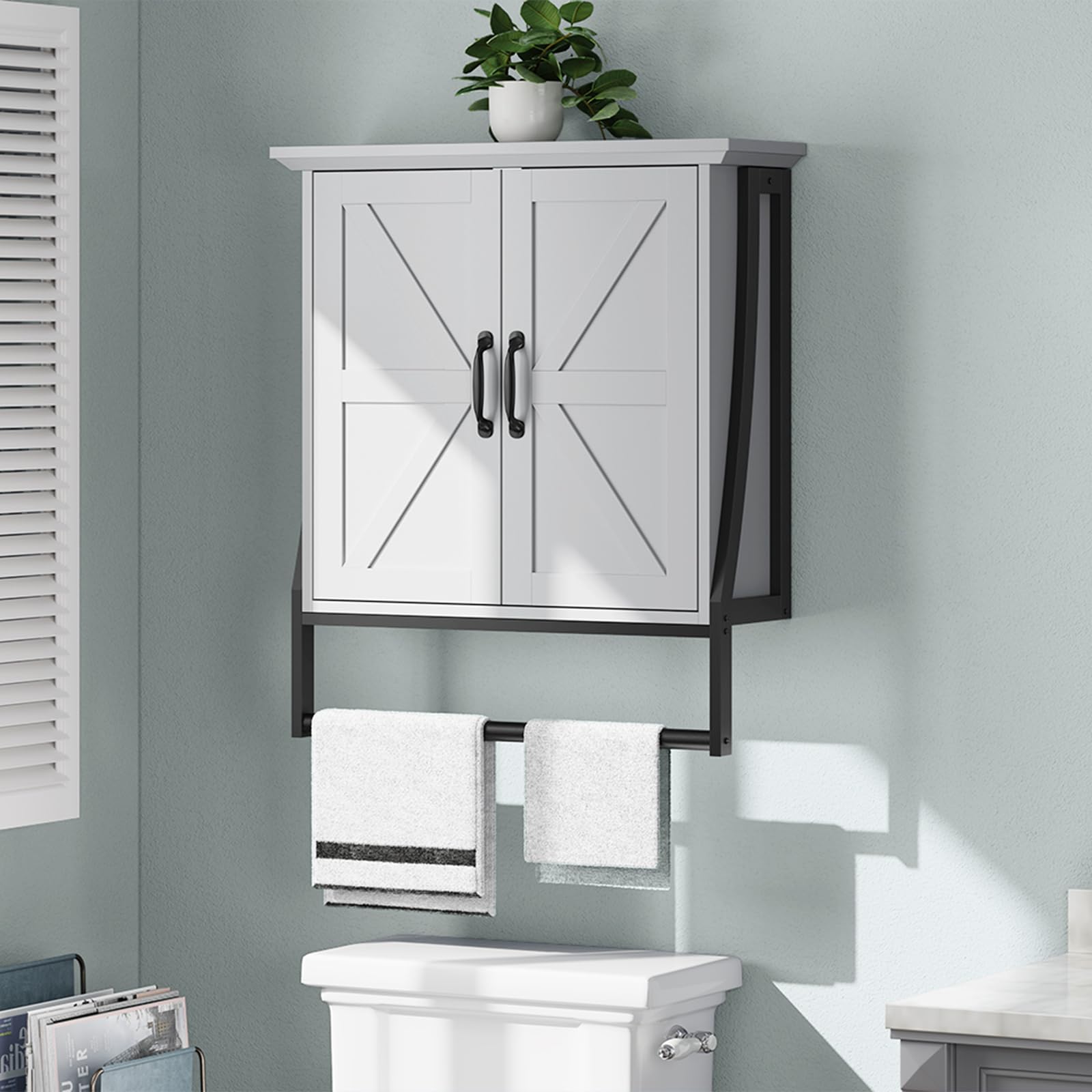 Wall Mounted Bathroom Cabinet with 2 Barn Doors & Towel Bar - Over Toilet Storage Organizer, Medicine Cabinet for Bathroom (Gray) | Perfect for Small Bathrooms, Apartment Storage & Space Saving Solutions