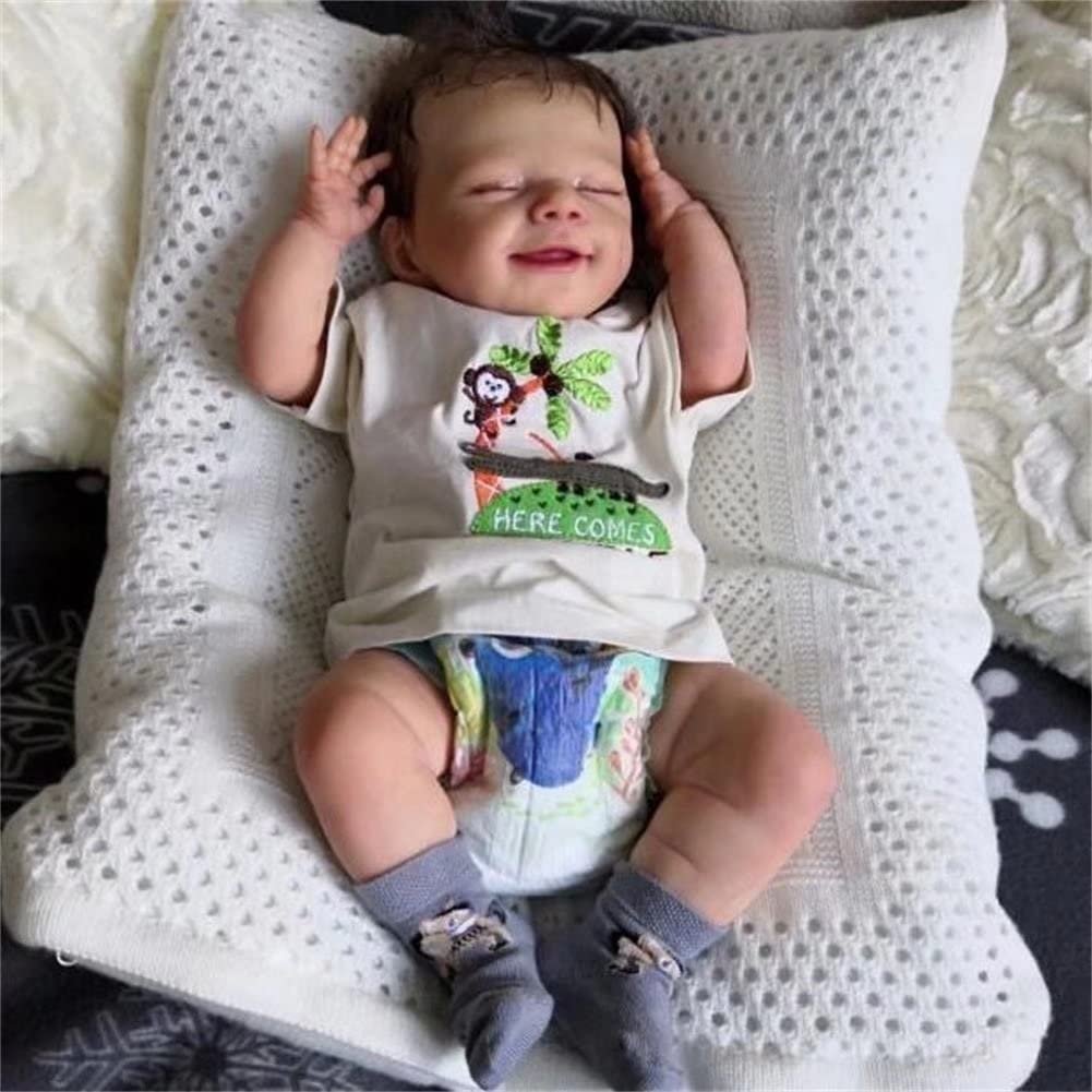 18'' Realistic Sleeping Reborn Baby Boy Doll - Lifelike Soft Vinyl Silicone Newborn Doll with Closed Eyes, Diaper & White Monkey T-Shirt - Perfect for Collectors, Gift Giving & Nursery Decor (2022 Model)