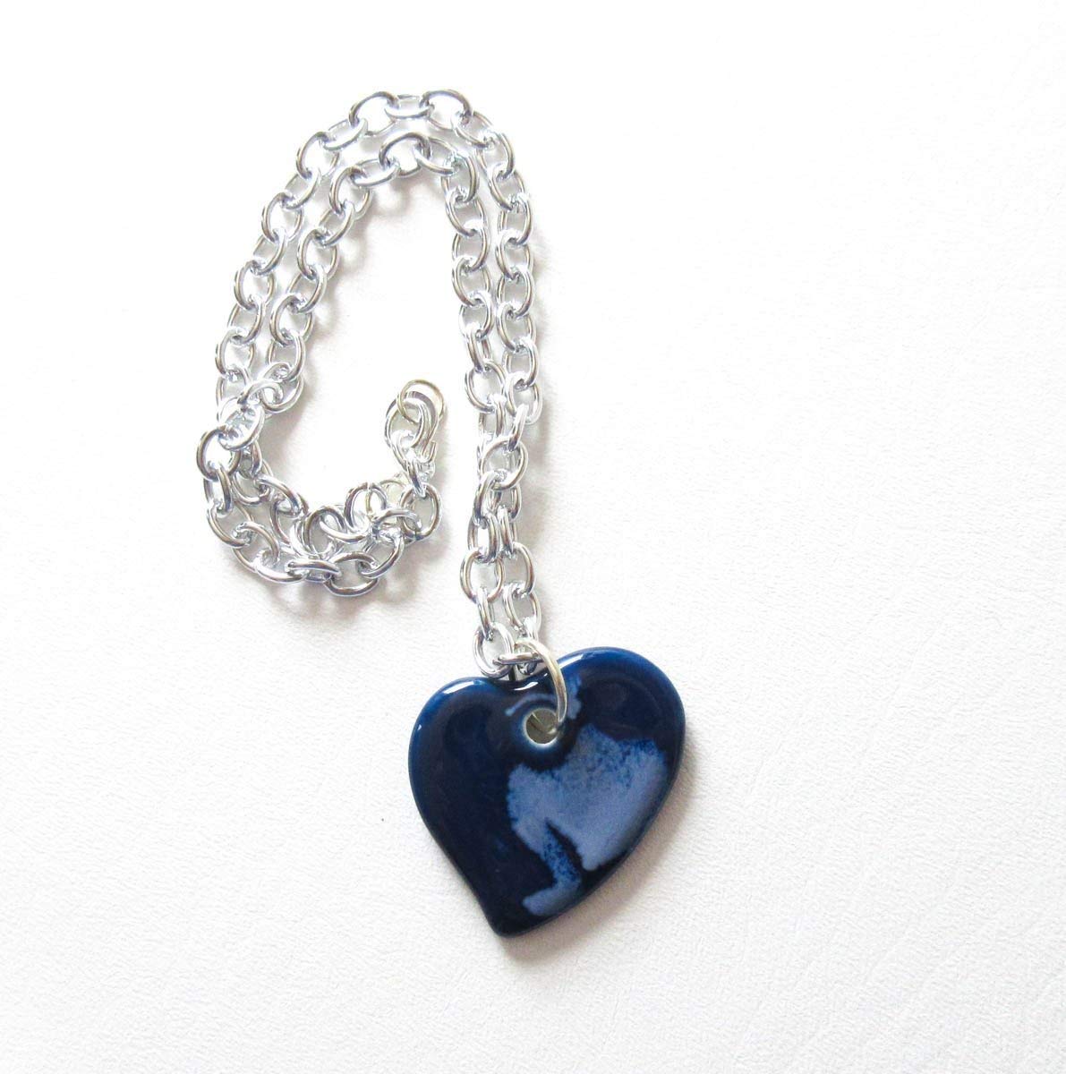 Blue Ceramic Heart Necklace with Silver Tone Chain - Elegant Jewelry Gift for Women, Perfect for Valentine's Day, Anniversary & Everyday Wear