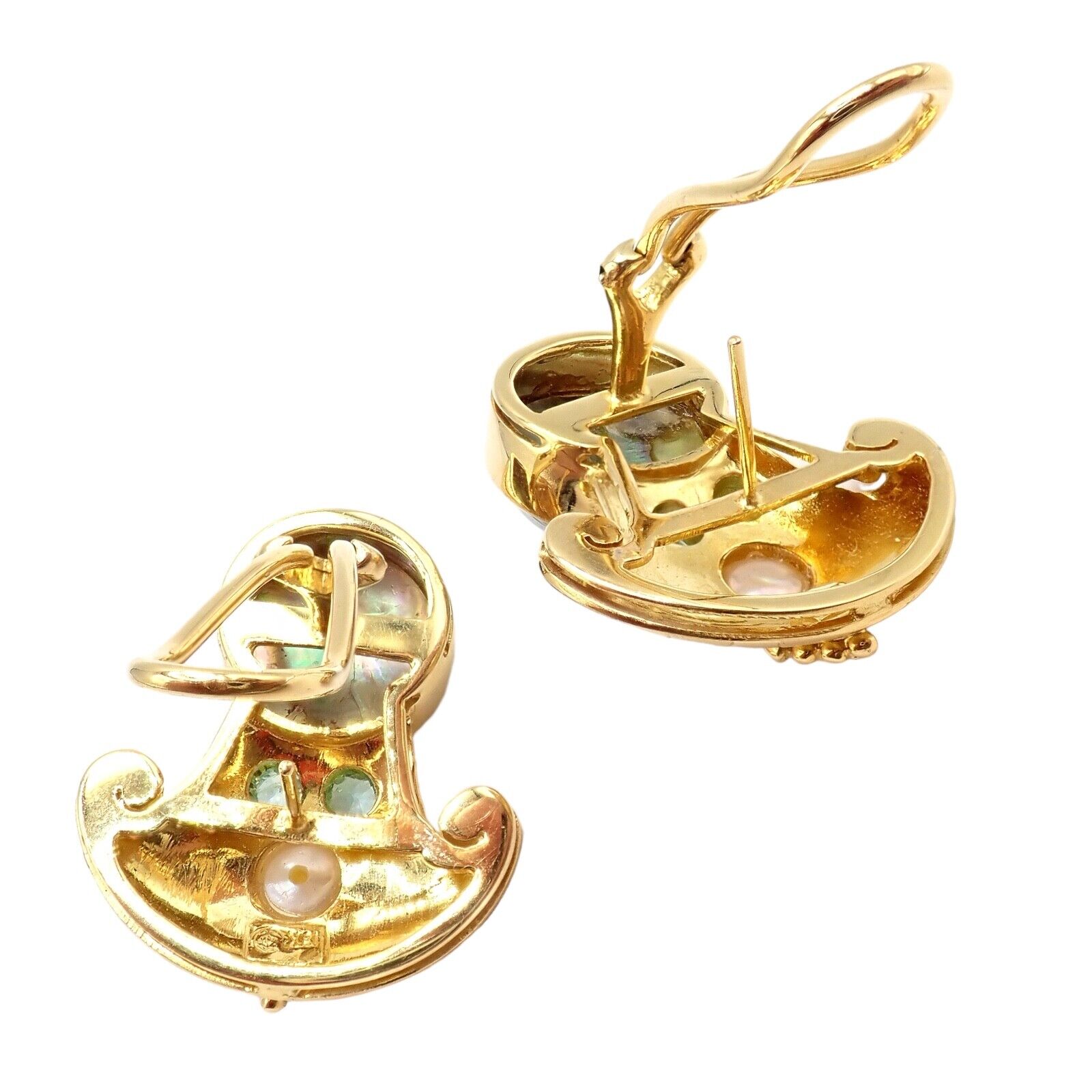 Exquisite Vintage Paula Crevoshay 18K Gold Abalone Pearl & Blue Gemstone Earrings - Unique Handmade Jewelry for Women - Perfect for Weddings, Anniversaries & Special Occasions
