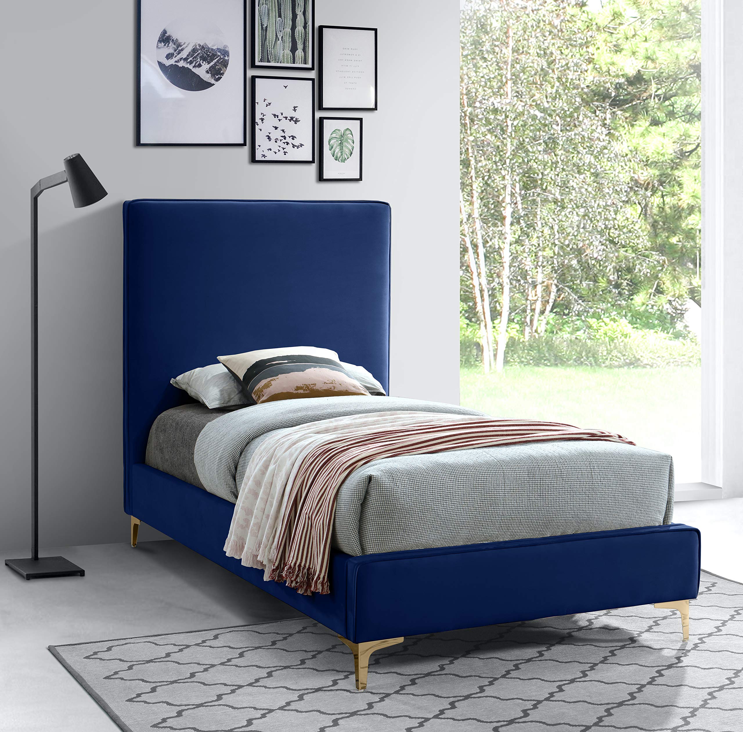 Modern Velvet Upholstered Twin Bed with Gold/Chrome Finish - Navy Blue Geri Collection by Meridian Furniture | Luxury Bedroom Decor for Contemporary Homes & Guest Rooms