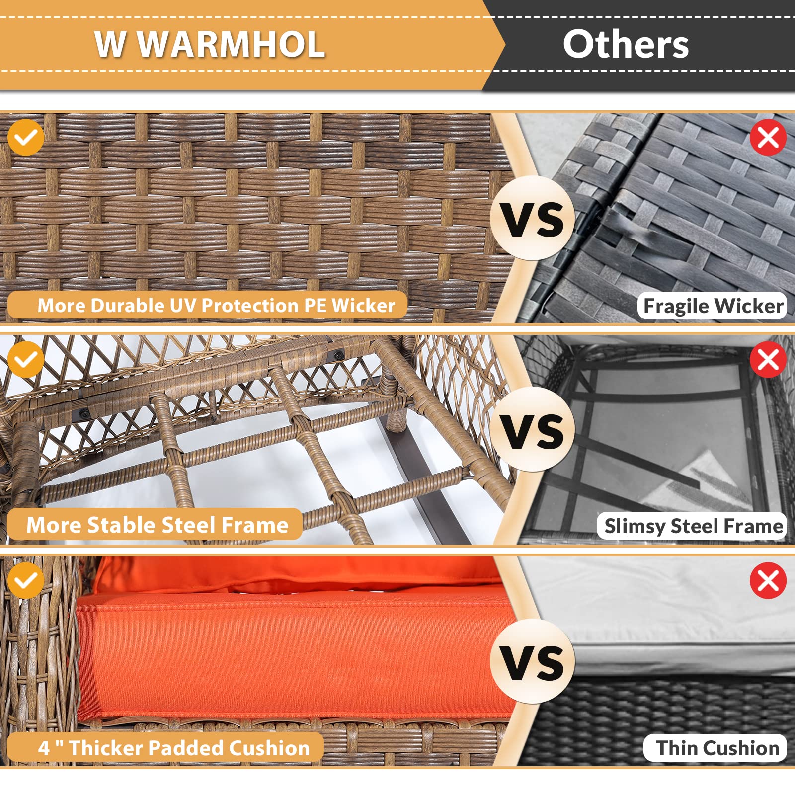 Premium All-Weather Outdoor Wicker Rocking Chair Set of 2 - Thickened Cushions, Durable Rattan Patio Rocker for Porch, Garden & Backyard (Orange) - Perfect for Relaxing, Sunbathing & Outdoor Entertaining