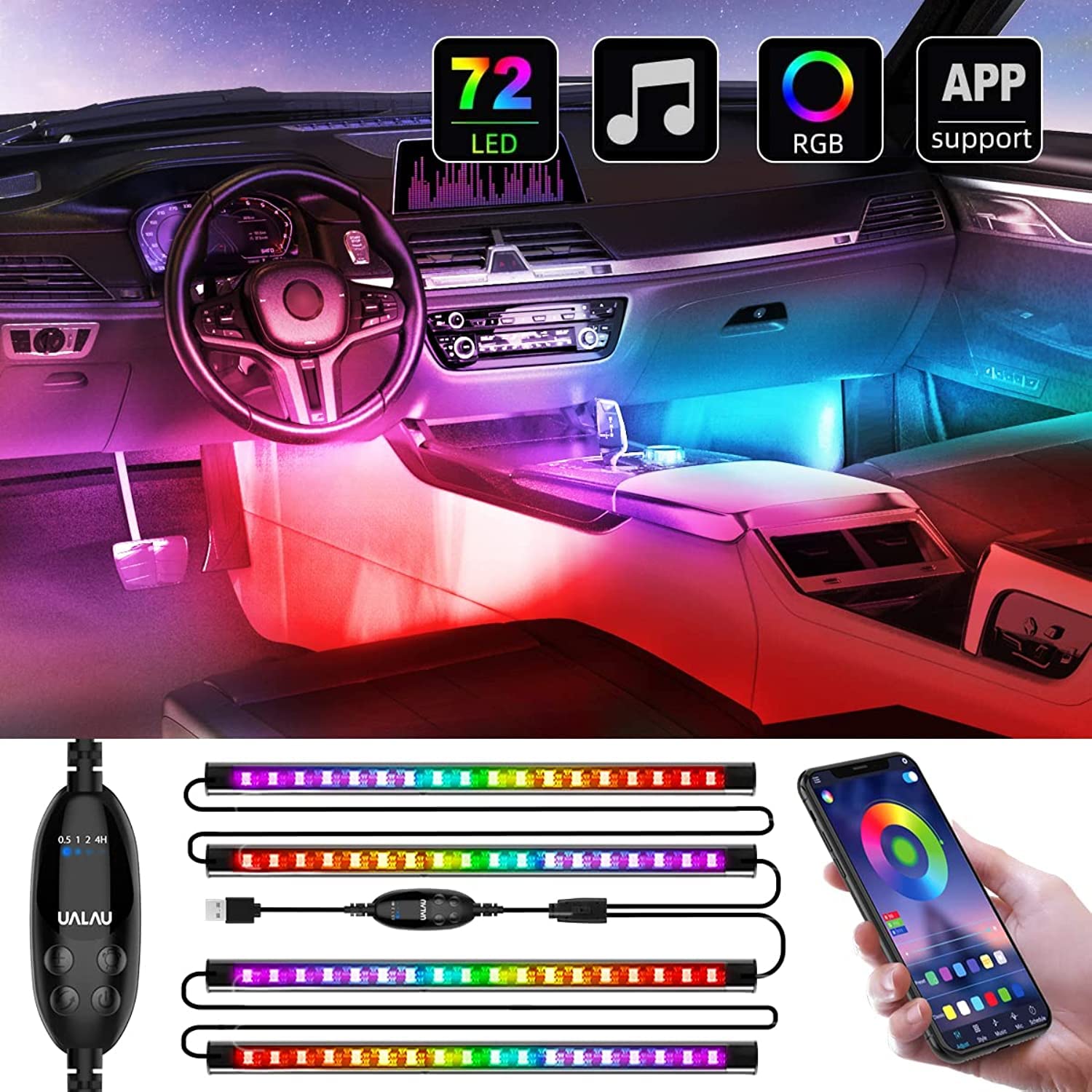 72 LED Interior Car Lights with APP Control & Music Sync - 16 Million Colors Under Dash Lighting Kit for Jeep, Truck & Various Cars | Perfect for Night Driving, Car Shows & Customization