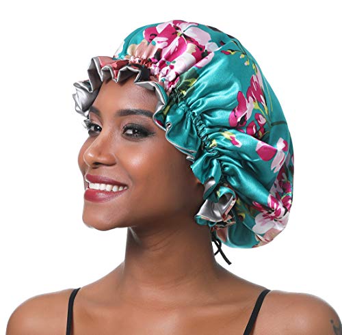 SENGTERM Adjustable Satin Sleep Bonnet for Women - Double Layered Reversible Silk Hair Cap for Curly & Natural Hair (XL-ADULT, Green Floral) | Night Hair Protection & Styling for African American Hair