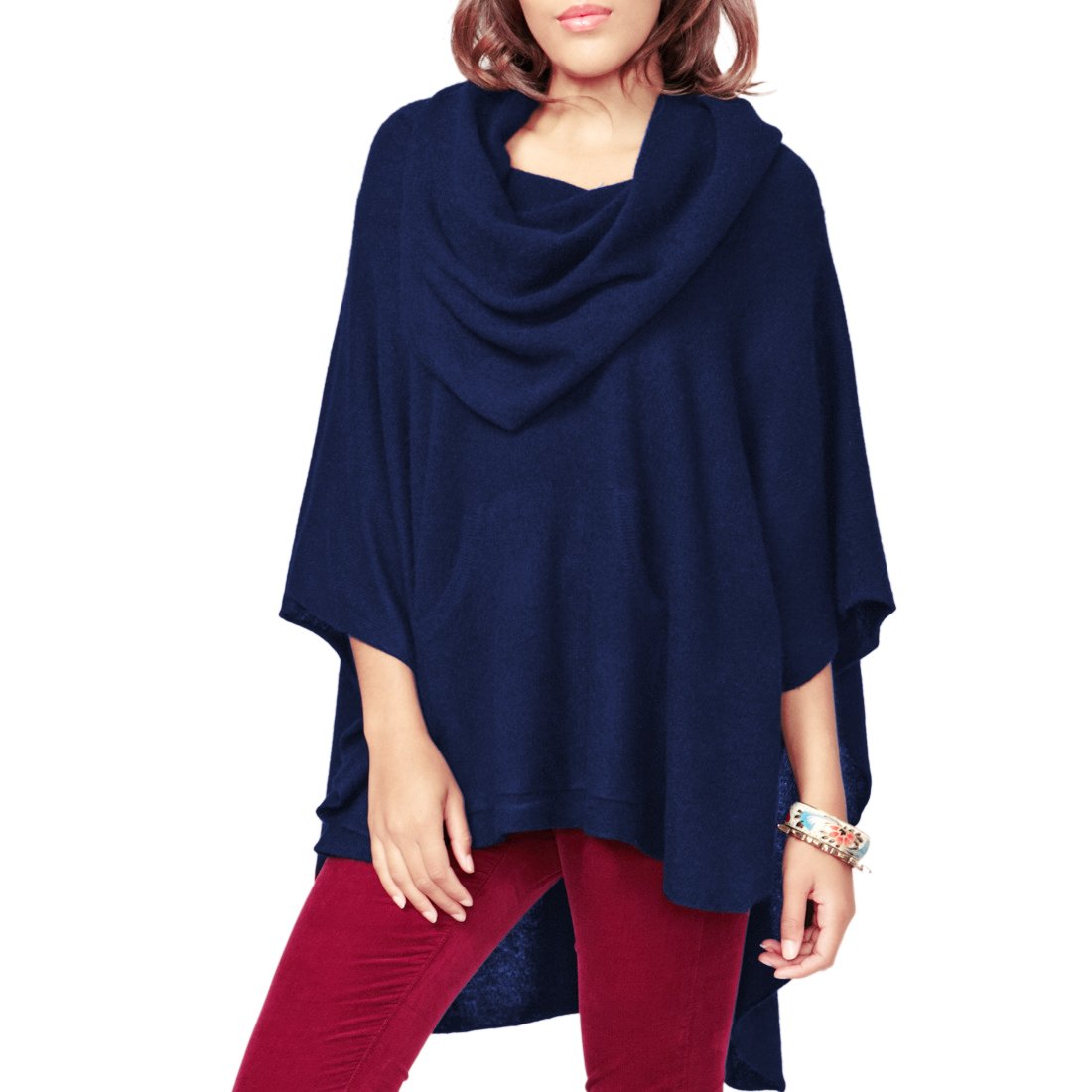 Parisbonbon Women's 100% Cashmere Pockets Poncho - Navy Blue, Size XL - Warm Winter Shawl Wrap for Office, Travel & Outdoor Activities
