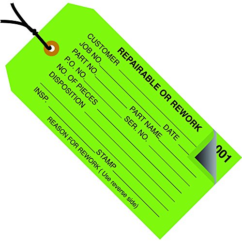 Aviditi Pre-Strung Inspection Tags - 'REPAIRABLE or REWORK' Legend, 13-Point Cardstock, Black on Green (G21032) | Quality Control Tags for Manufacturing, Warehouse & Inventory Management