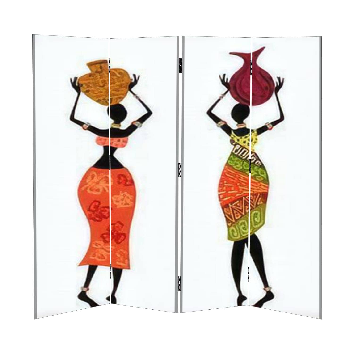 4 Panel Canvas Room Divider Screen - Hand-Painted Ethnic Woman with Vase Design - Folding Privacy Partition for Home, Office & Events - Temporary Wall Divider for Bedrooms, Living Rooms & Wedding Decor