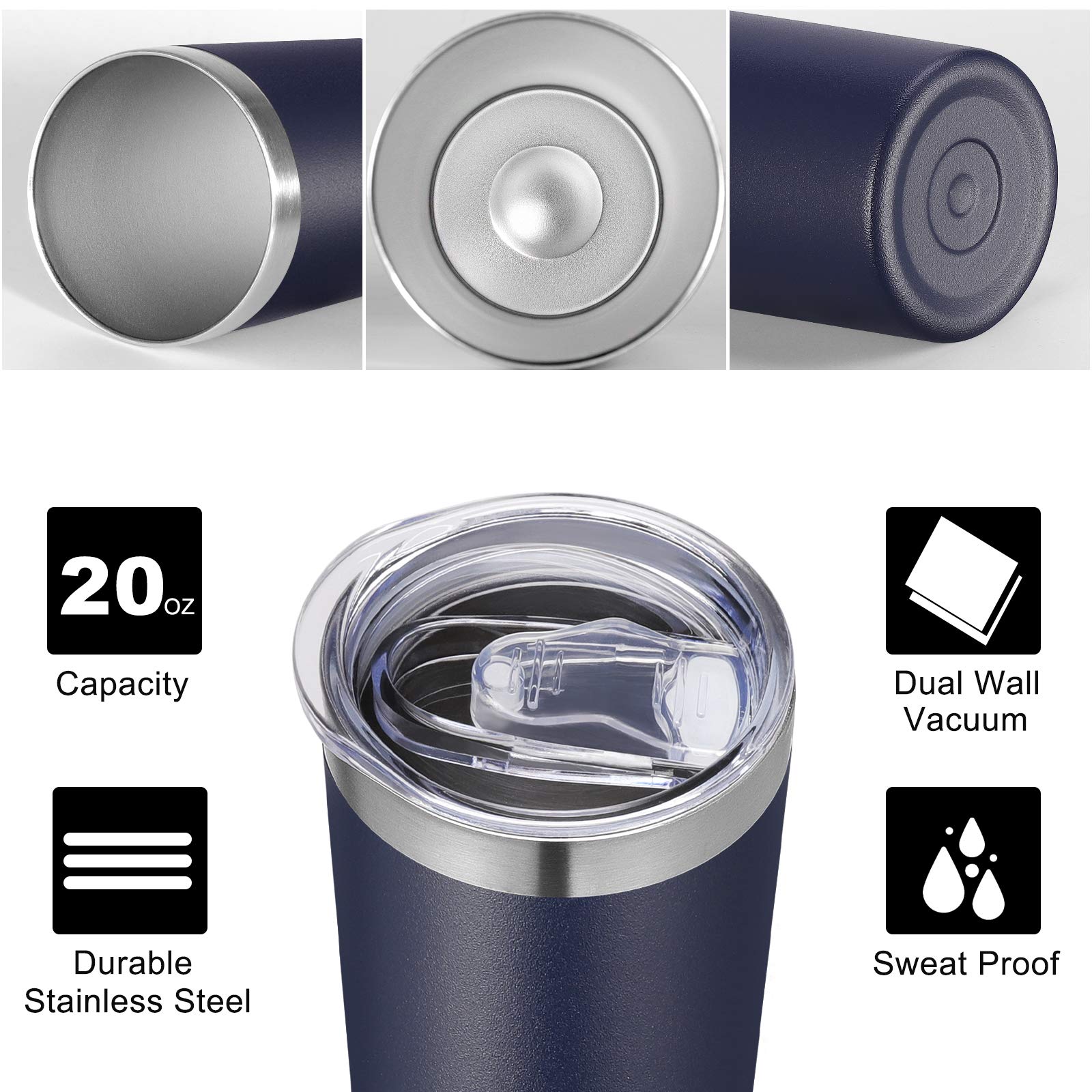 VEGOND 6-Pack 20oz Stainless Steel Vacuum Insulated Skinny Tumblers with Lid & Straw - Double Wall Coffee Mug, Travel Water Bottle, Navy Blue - Perfect for Office, Gym, Hiking and Outdoor Activities