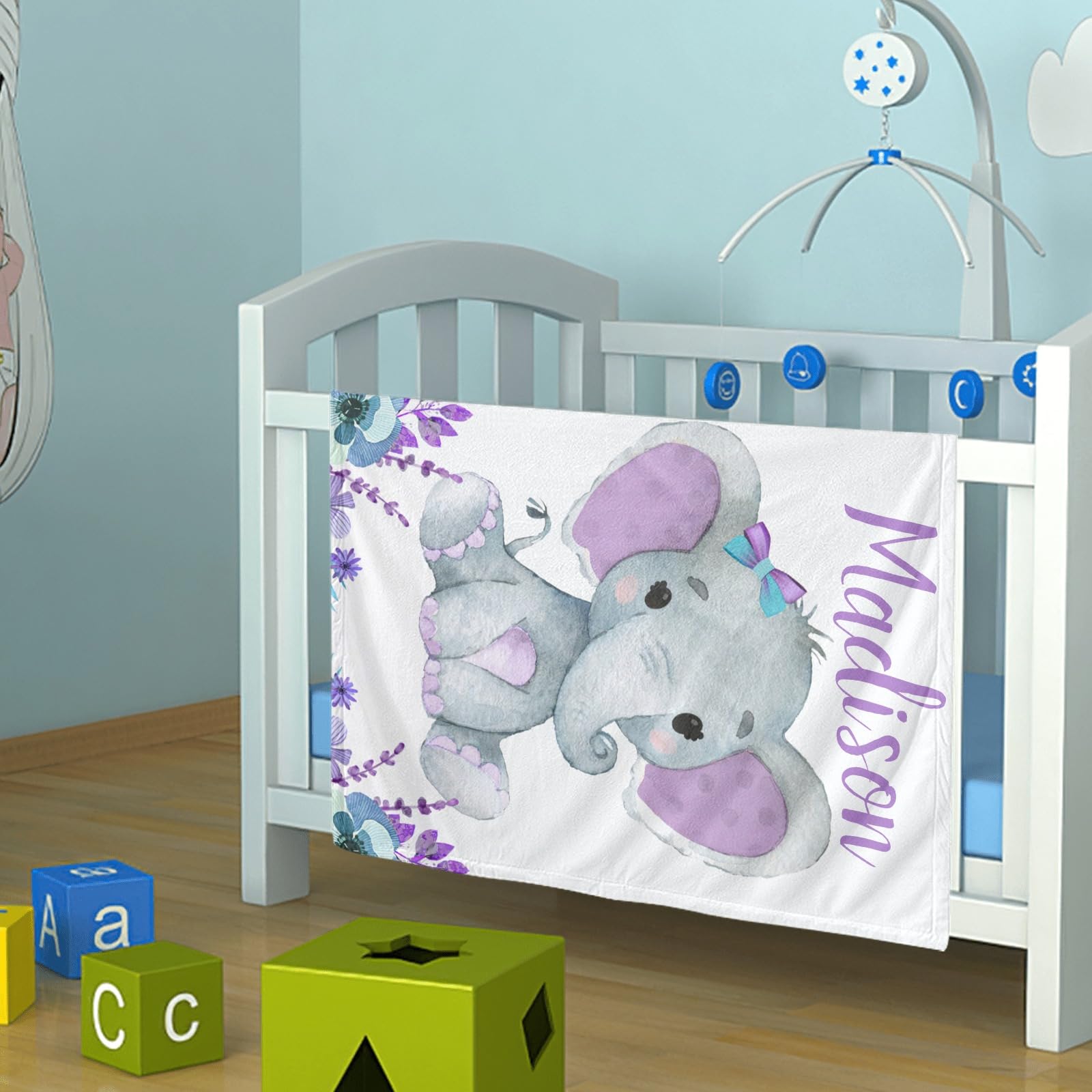 Personalized Baby Blankets for Girls with Name - Custom Embroidered Soft Flannel Receiving Blanket for Newborns (60x80 inches) - Perfect for Nursery, Christening Gifts & Photo Shoots - Purple Elephant Design