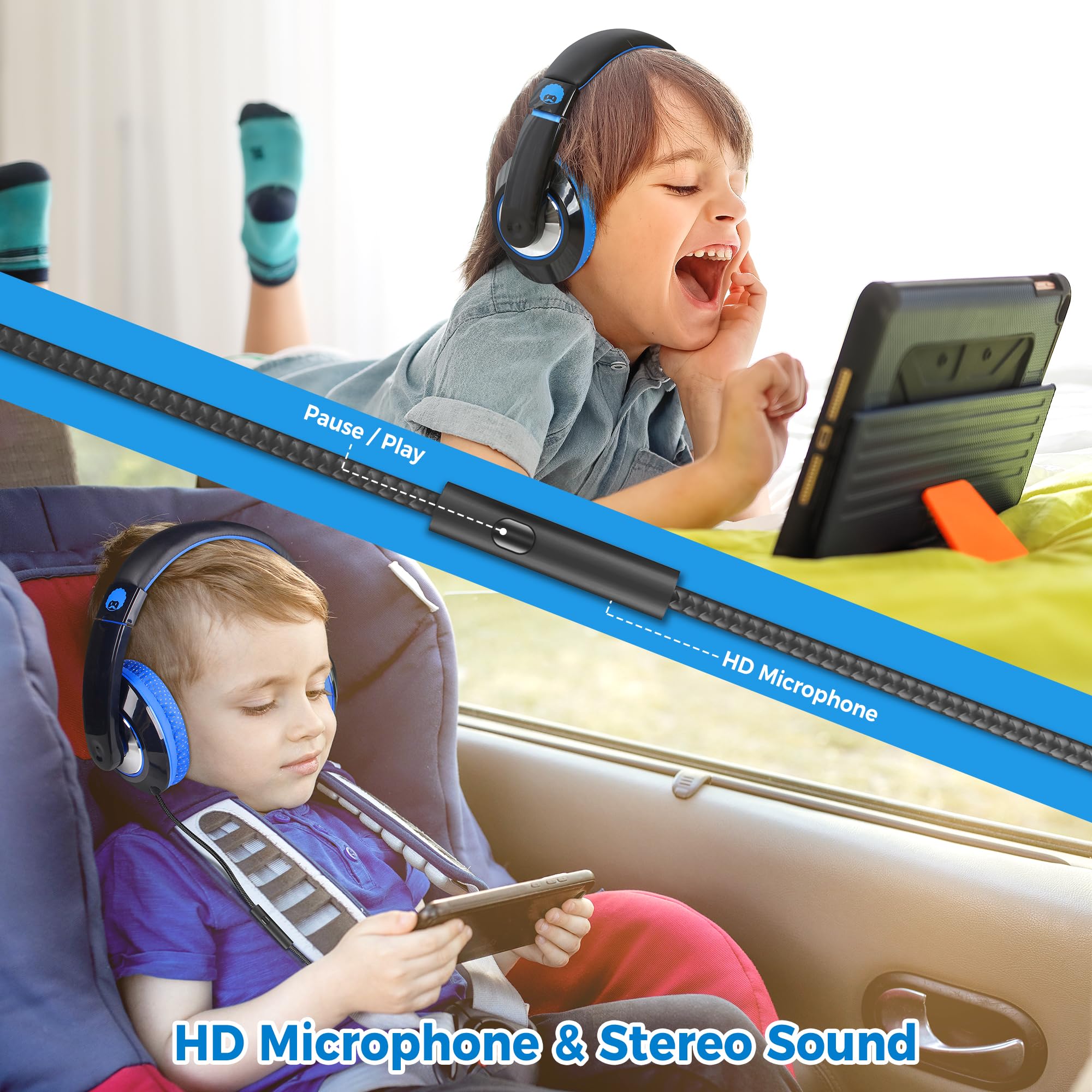 Rockpapa Comfort+ Kids Headphones with Microphone - Over-Ear Wired Headphones for Boys & Girls, Students - Compatible with School, Classroom, Laptop, PC, Computer & Tablet (Black/Blue) - Perfect for Online Learning, Homeschooling & Remote Classes