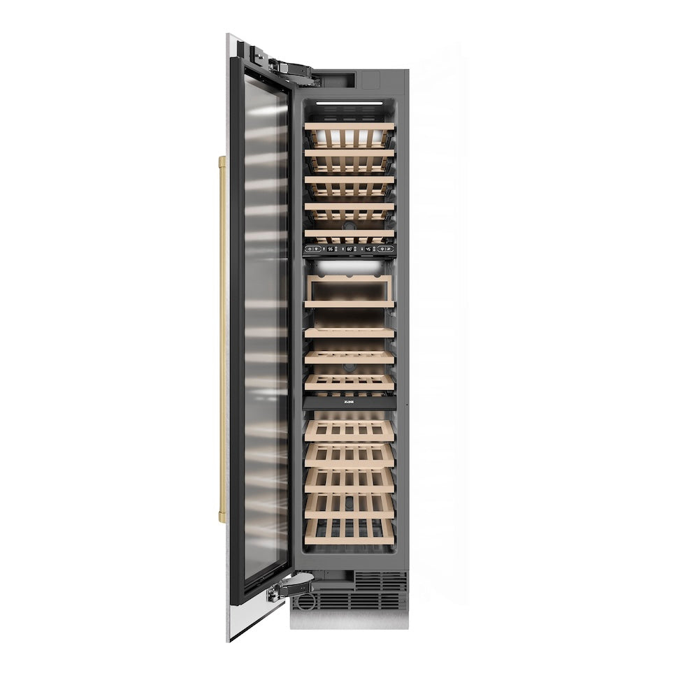 ZLINE Autograph Edition 18-Inch 9.0 cu. ft. Triple Zone 68-Bottle Left Hinge Column Wine Cooler in Satin Stainless Steel with Champagne Bronze Accents - Perfect for Wine Cellars, Restaurants, and Home Bars (RCWVLZ SN 18 CB)