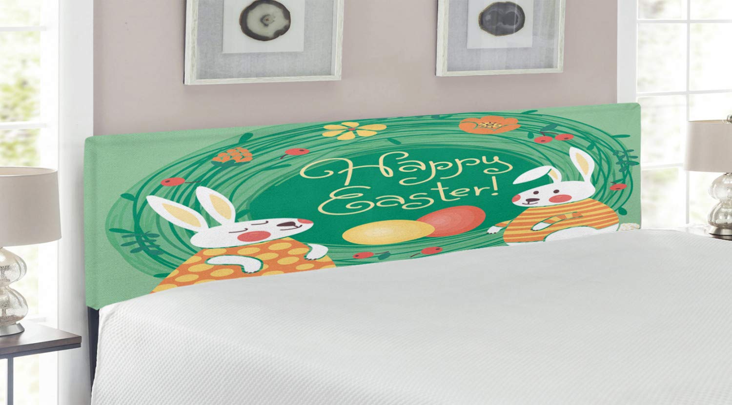 Lunarable Easter Headboard - Vintage Floral Wreath Design with Retro Bunnies & Colorful Eggs - Upholstered Decorative Metal Bed Headboard with Memory Foam - King Size in Jade Green & Orange - Perfect for Easter Bedroom Decor & Seasonal Home Styling