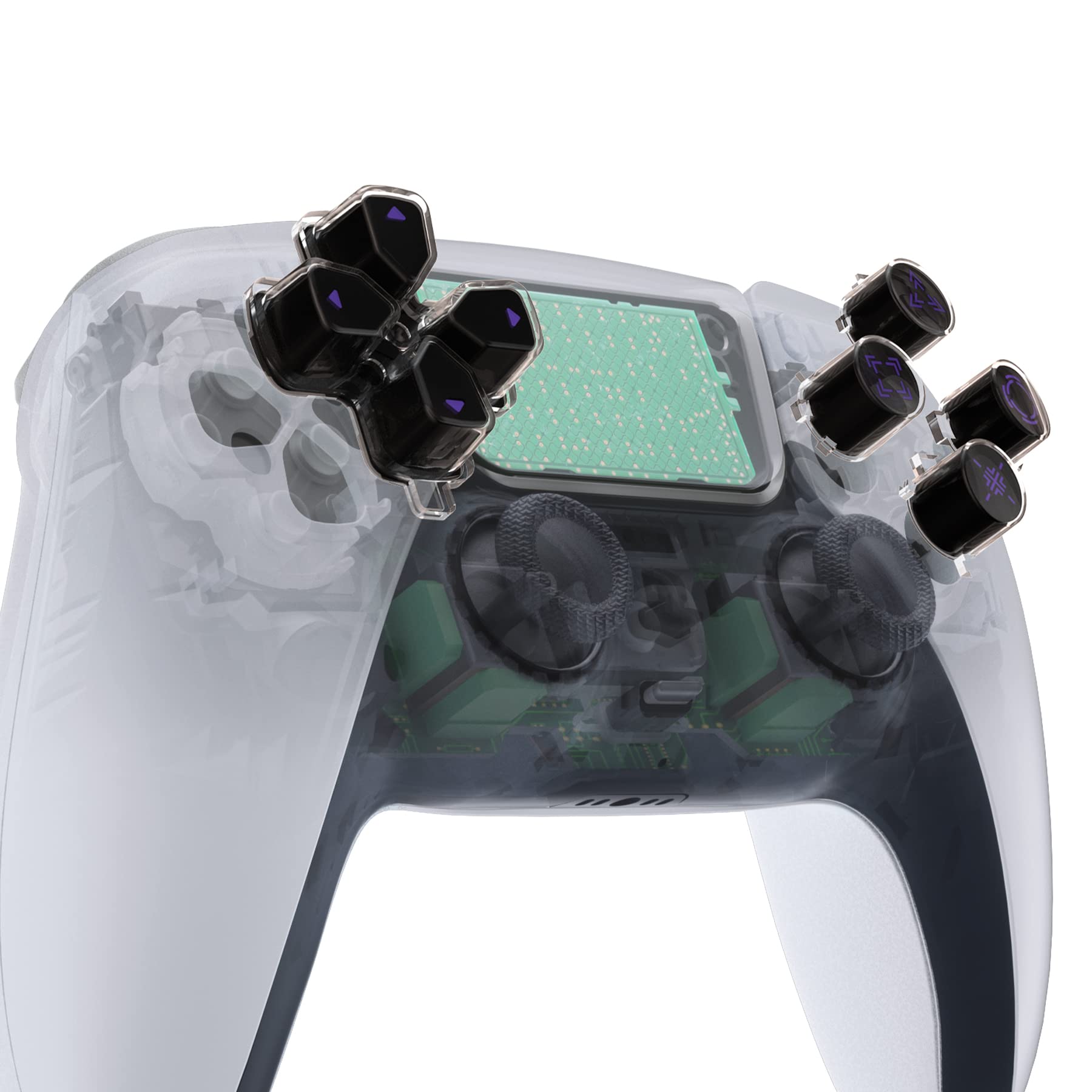 eXtremeRate Custom D-Pad & Action Buttons for PS5 Controller - Black & Clear with Purple Symbols | Enhanced Gaming Performance for FPS, Fighting & Racing Games