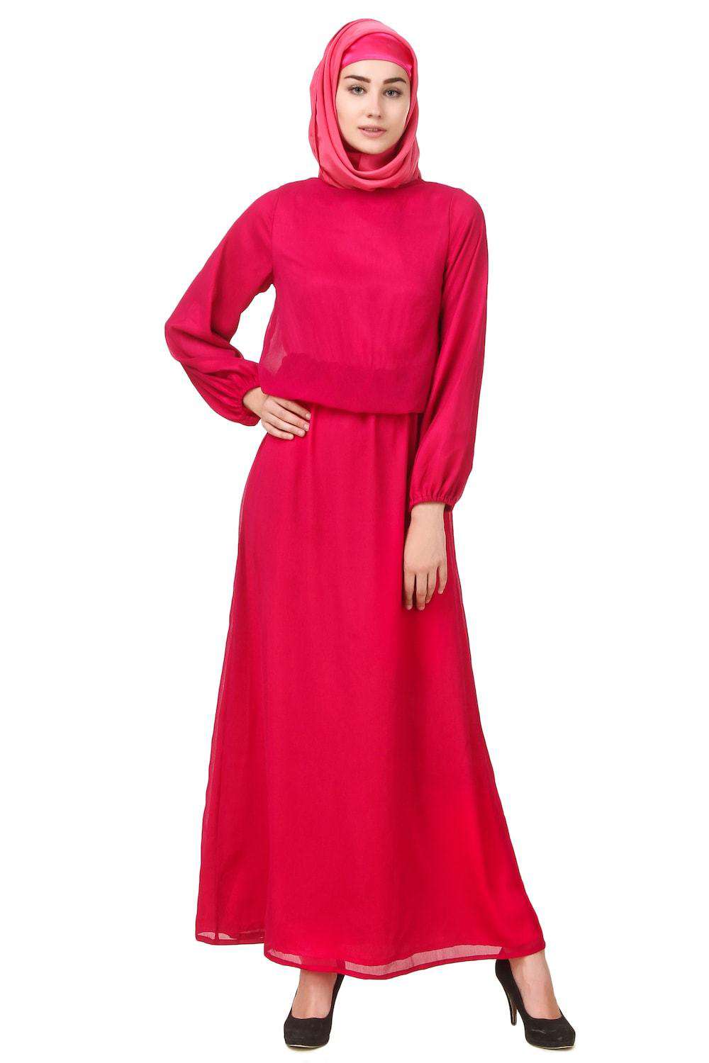 Elegant Magenta Dual Layer Chiffon and Satin Abaya Dress AY 704 - Modest Islamic Prayer Dress for Women, Perfect for Eid, Ramadan, and Special Occasions