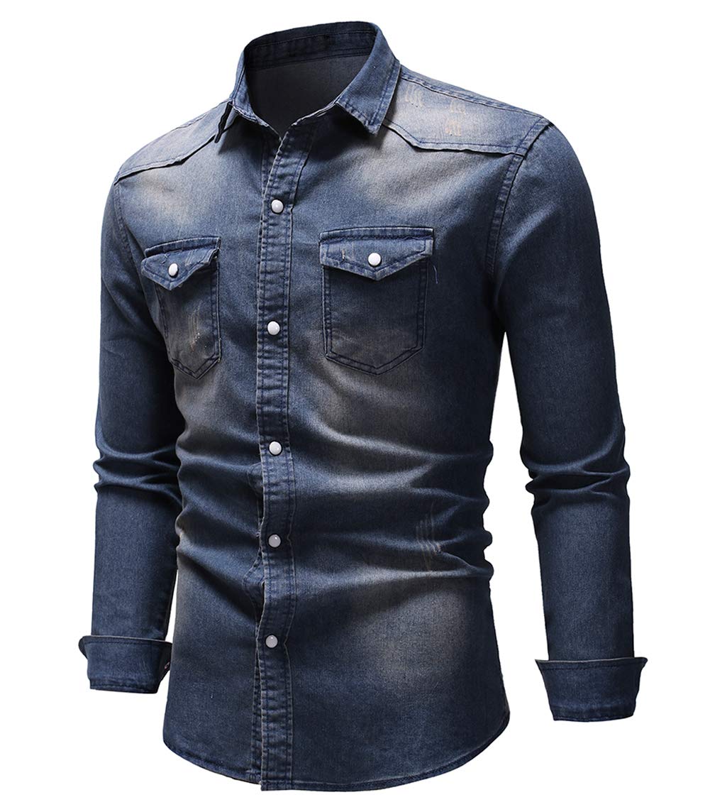 Distressed Wash Men's Western Denim Jean Shirt - Button Down Work Shirt for Cowboy, Ranch & Casual Wear