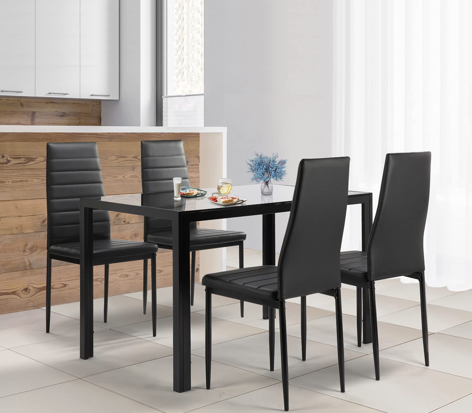 5-Piece Black Dining Table Set for 4 with Tempered Glass Top & Faux Leather Chairs - Space-Saving Kitchen Furniture for Small Apartments, Breakfast Nooks & Compact Dining Areas