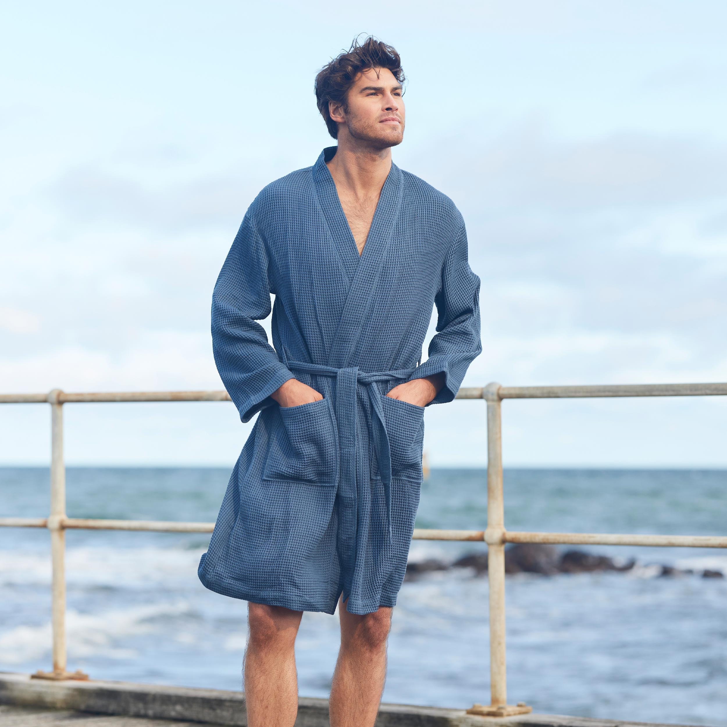 Men's Waffle Texture Bamboo Woven Robe - Soft & Breathable Denim Lounge Wear for Home Relaxation & Spa Days