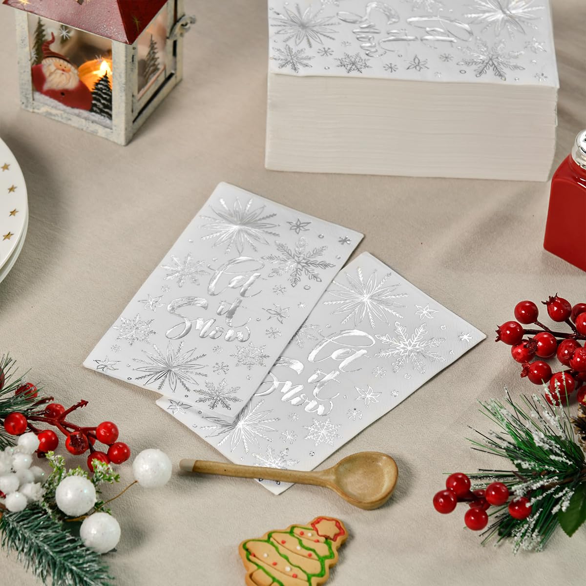 Horaldaily 100 Christmas Disposable Paper Napkins - Let It Snow White with Silver Foil - Decorative Guest Hand Towels for Holiday Parties, Lunches, Dinners, Kitchen & Bathroom - Perfect for Christmas Gatherings, Office Celebrations and Festive Home Decor