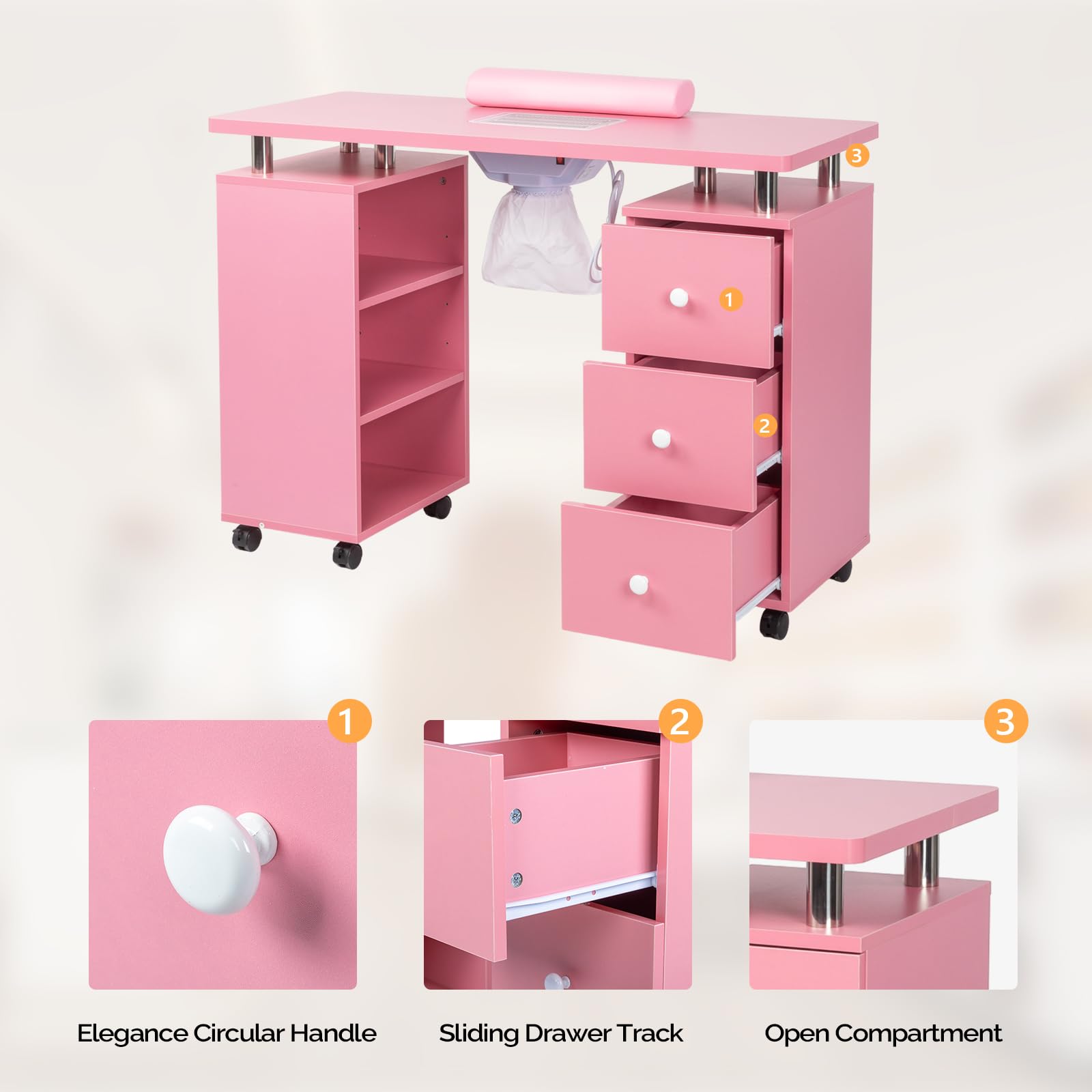OmySalon Professional Manicure Table Nail Desk for Nail Technicians - Electric Downdraft Ventilation System, Lockable Wheels, Wrist Cushion & Storage Shelves - Perfect for Salon, Spa & Home Nail Studio (Pink)