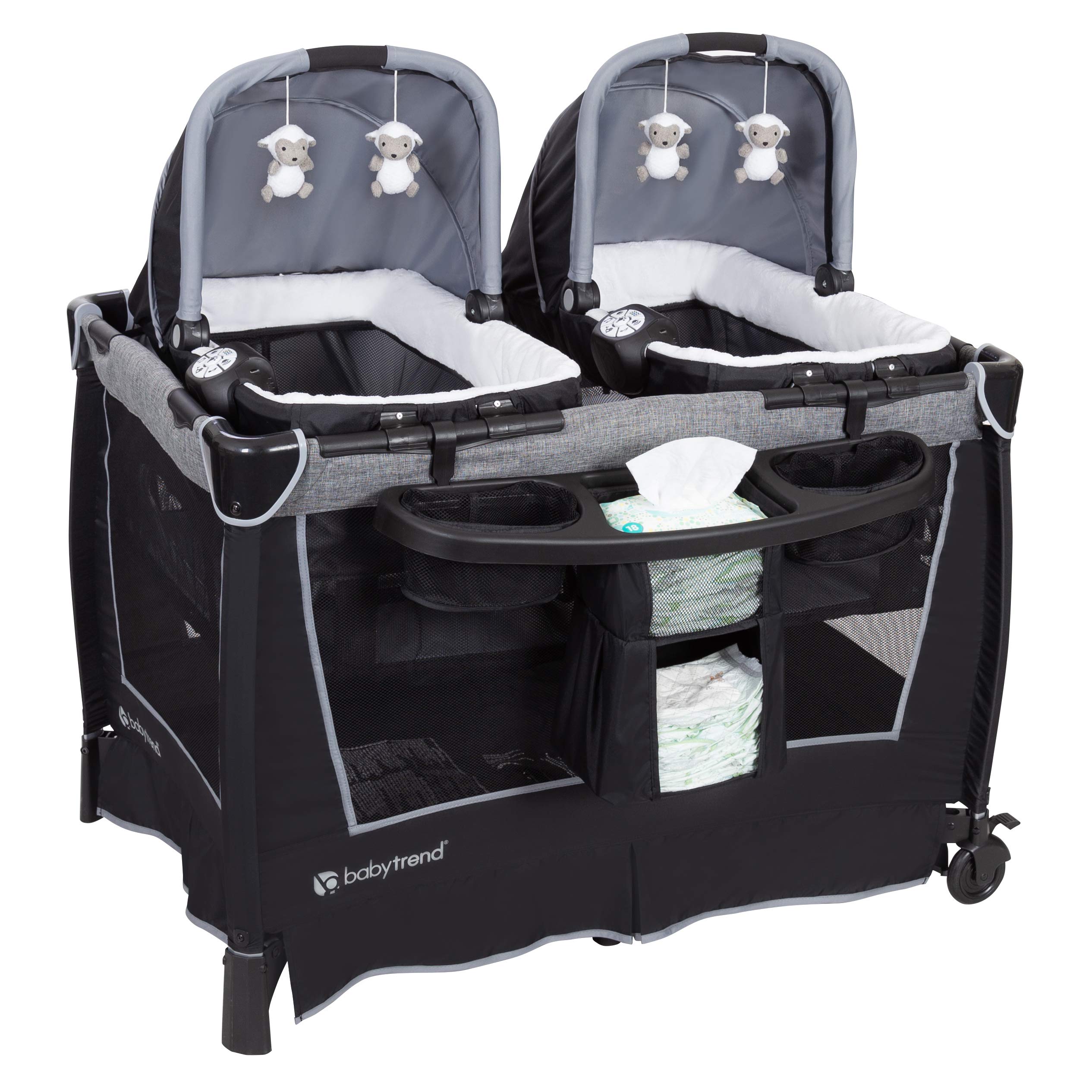 Baby Trend Retreat Twins Nursery Center - Portable Infant Playard with Canopy & Storage, Quarry Grey | Perfect for Twins, Travel, Daycare & Home Use