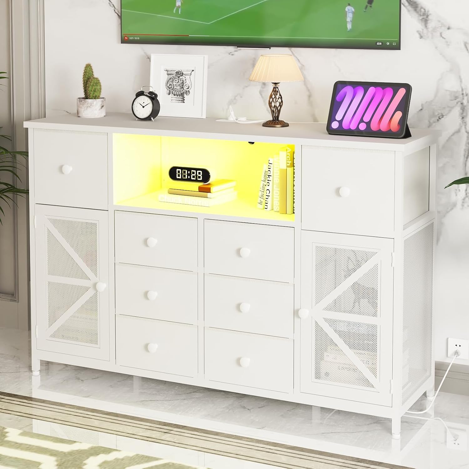 White Dresser with Charging Station & LED Lights - 8 Fabric Drawers & 2 Doors Bedroom Chest - Modern Storage Dresser for Bedroom, Living Room, Nursery - Perfect as TV Stand, Closet Organizer & Nightstand Alternative