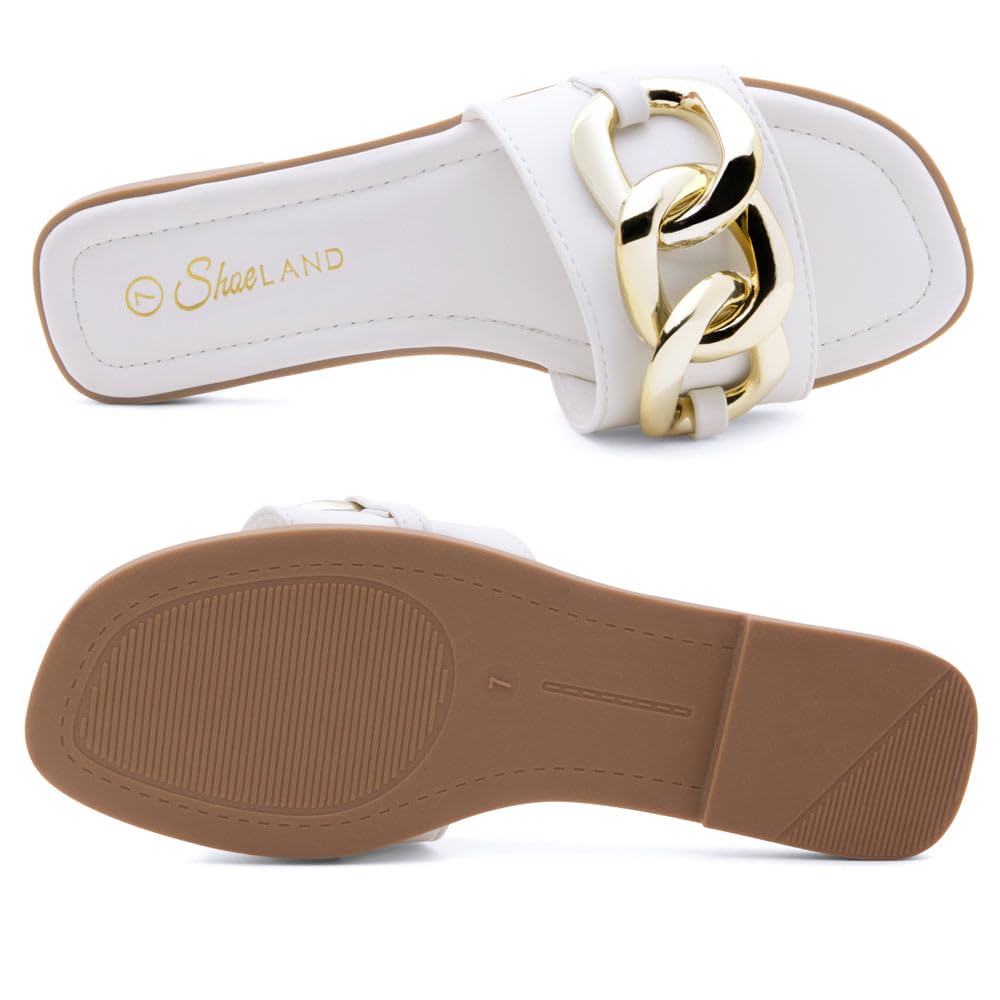 EMMA Women's Flat Sandals - Square Open Toe Single Band Slides with Metal Chain | Comfortable Cushioned Footbed Slip-On Slippers for Summer, Beach, Vacation & Daily Wear | Casual, Walking & Outdoor Use