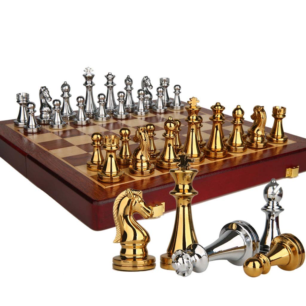 Premium Folding Chess Set - Luxury Retro Gold & Silver Chess Board Game for Adults & Beginners - Perfect Gift for Chess Lovers - Home, Office & Travel Use