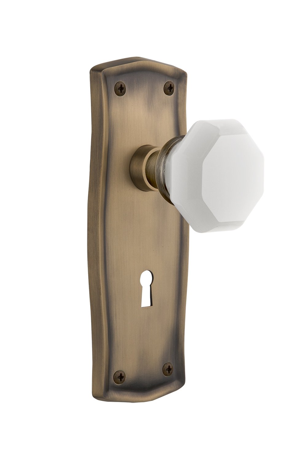 Vintage Waldorf White Milk Glass Knob - Nostalgic Warehouse 748685 Prairie Plate with Keyhole, Single Dummy, Antique Brass - Perfect for Cabinet, Drawer & Furniture Restoration Projects