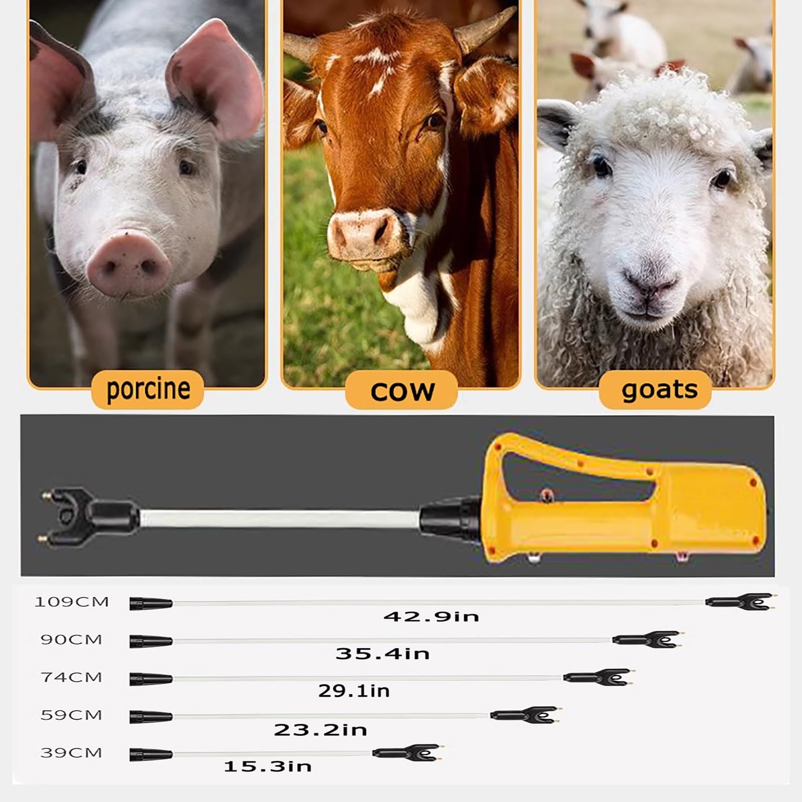 Rechargeable Electric Cattle Prod with LED Lights - Waterproof Livestock Prodder with Dual Safety Switch (15.3 Inch) - Perfect for Ranch, Farm & Animal Training