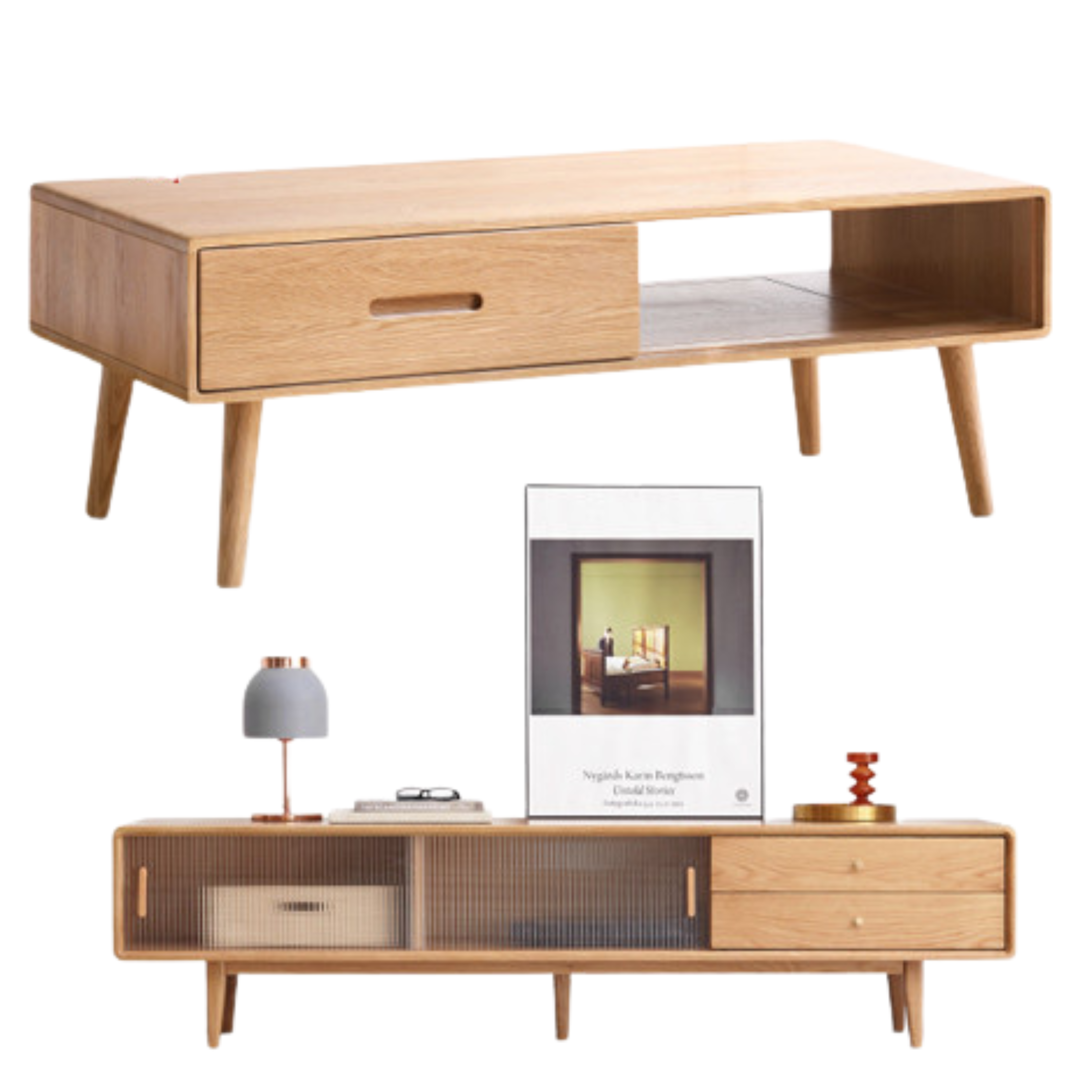 39.4x19.7x16.9 inch / 100x50x43сm + 70.8x13.7x17.7 inch / 180x35x45cm / Natural wood color / coffee table + TV cabinet