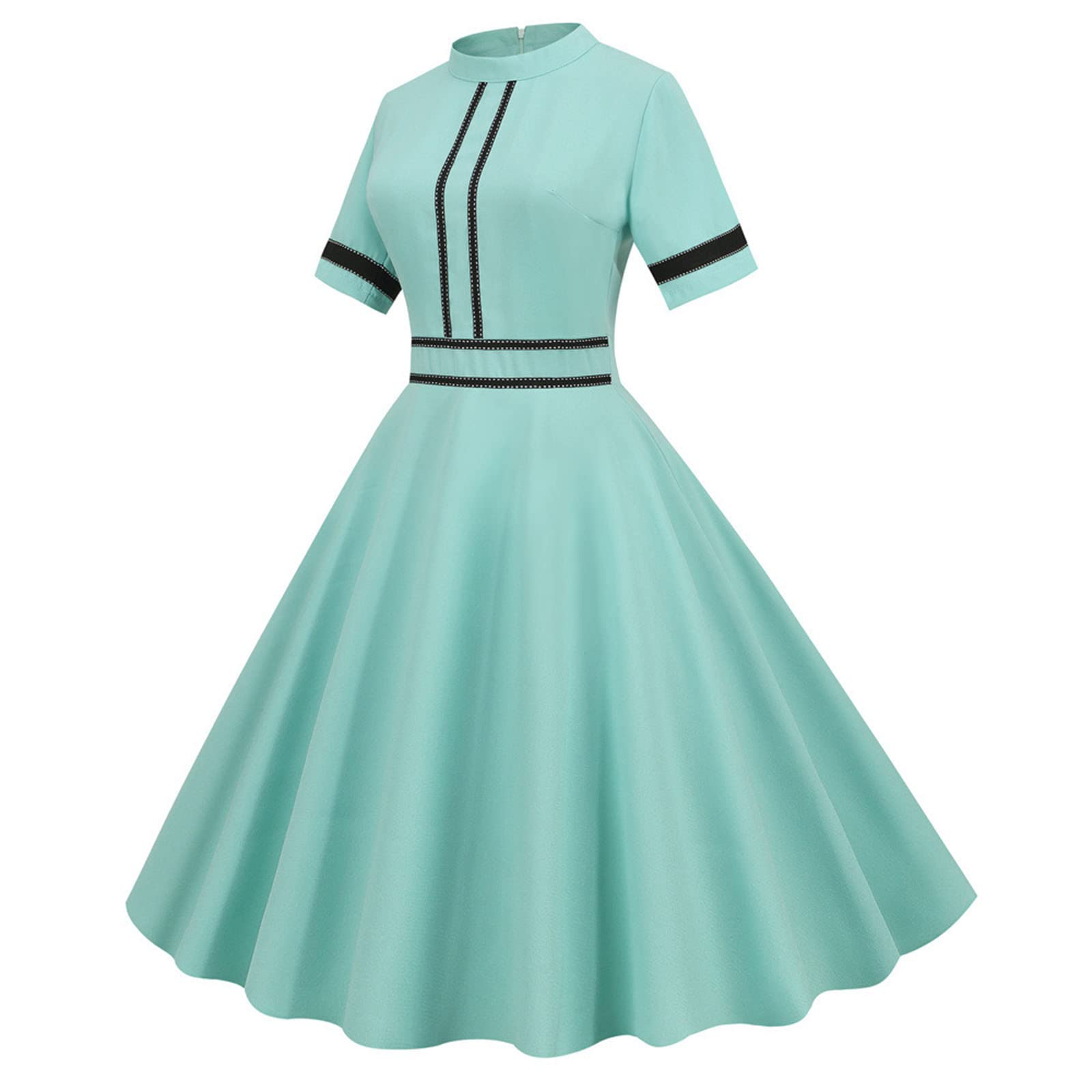 Vintage Short Sleeve Prom Dress for Women - Elegant Patchwork Swing Tunic Evening Party Dress - Casual Solid Color Dress for Cocktail Parties, Date Nights & Special Occasions