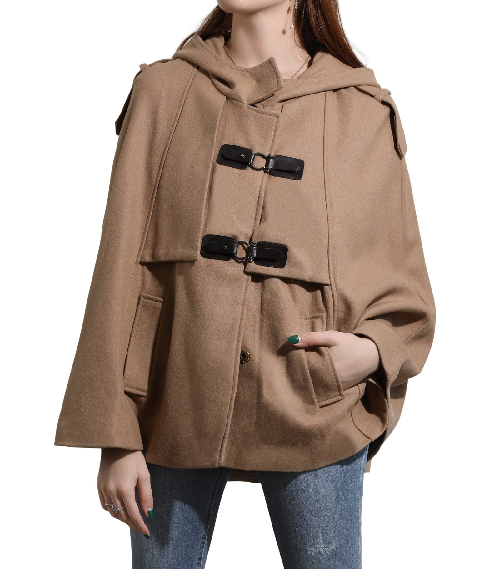 CHARTOU Women's Cute Batwing-Sleeve Hooded Wool Poncho Cape Cardigan - Cozy Winter Outerwear for Casual Wear, Travel & Outdoor Activities