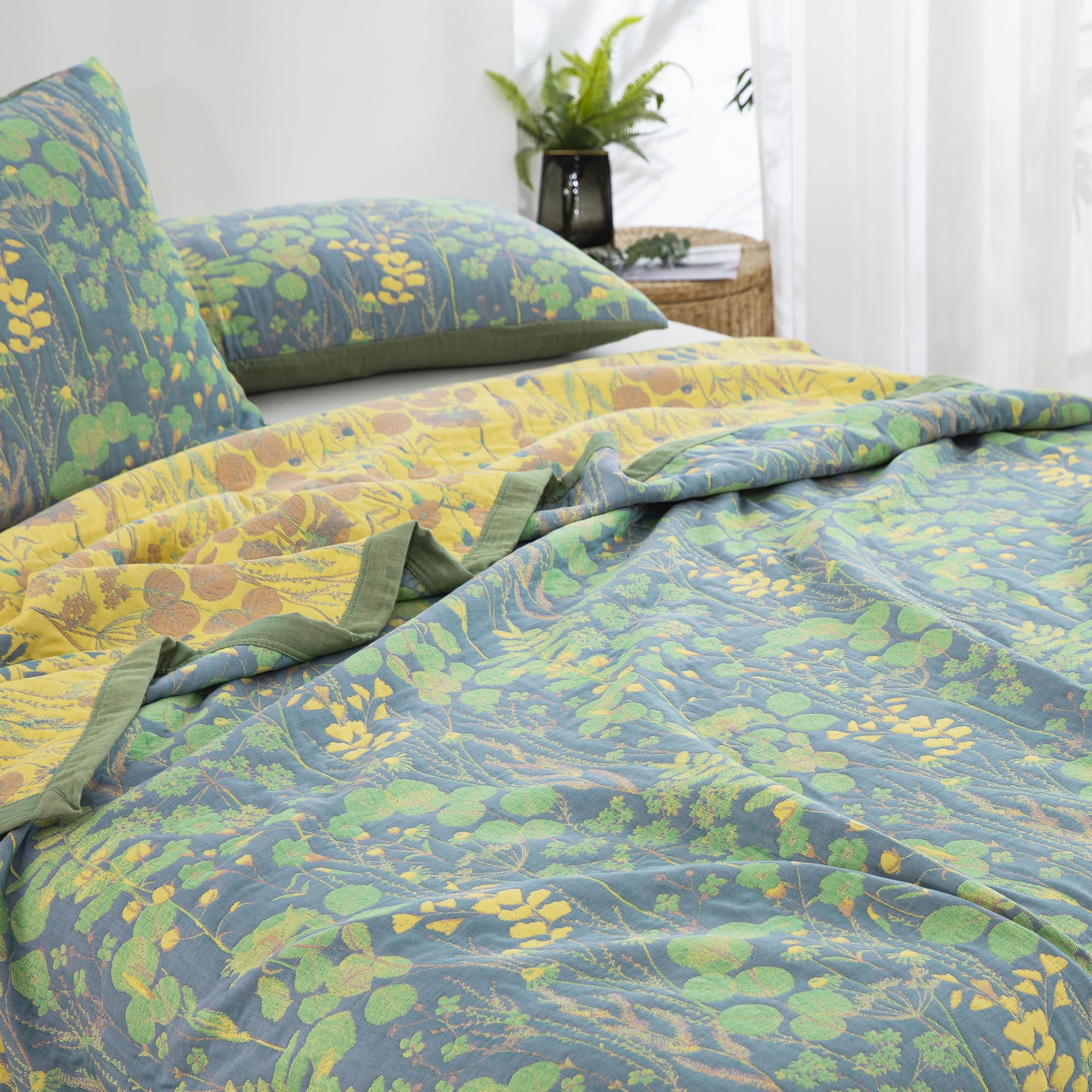 Premium 100% Cotton Muslin Pillow Shams Set of 2 - Jacquard Floral Botanical Print Pillow Covers, Soft 3-Layer Gauzy Reversible Pillow Protectors (20