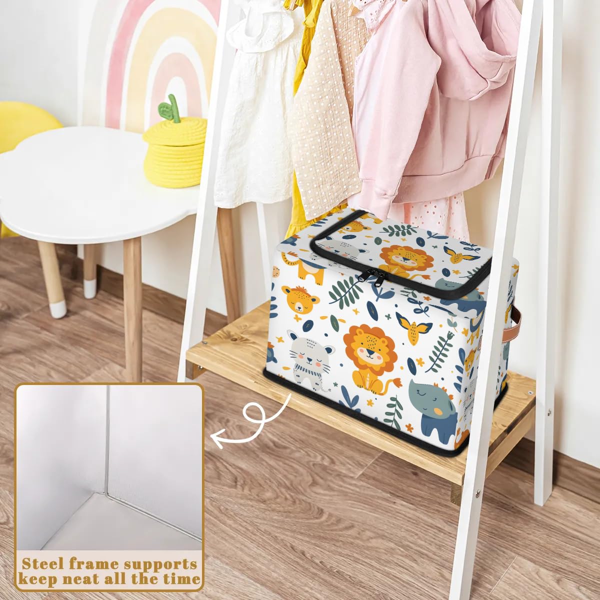 2-Pack Stackable Lion Print Storage Bins with Zipper Lid & Metal Frame - PU Handled Closet Organizer Cubes for Clothes, Toys, Blankets | Bedroom, Nursery, Playroom Storage Solution