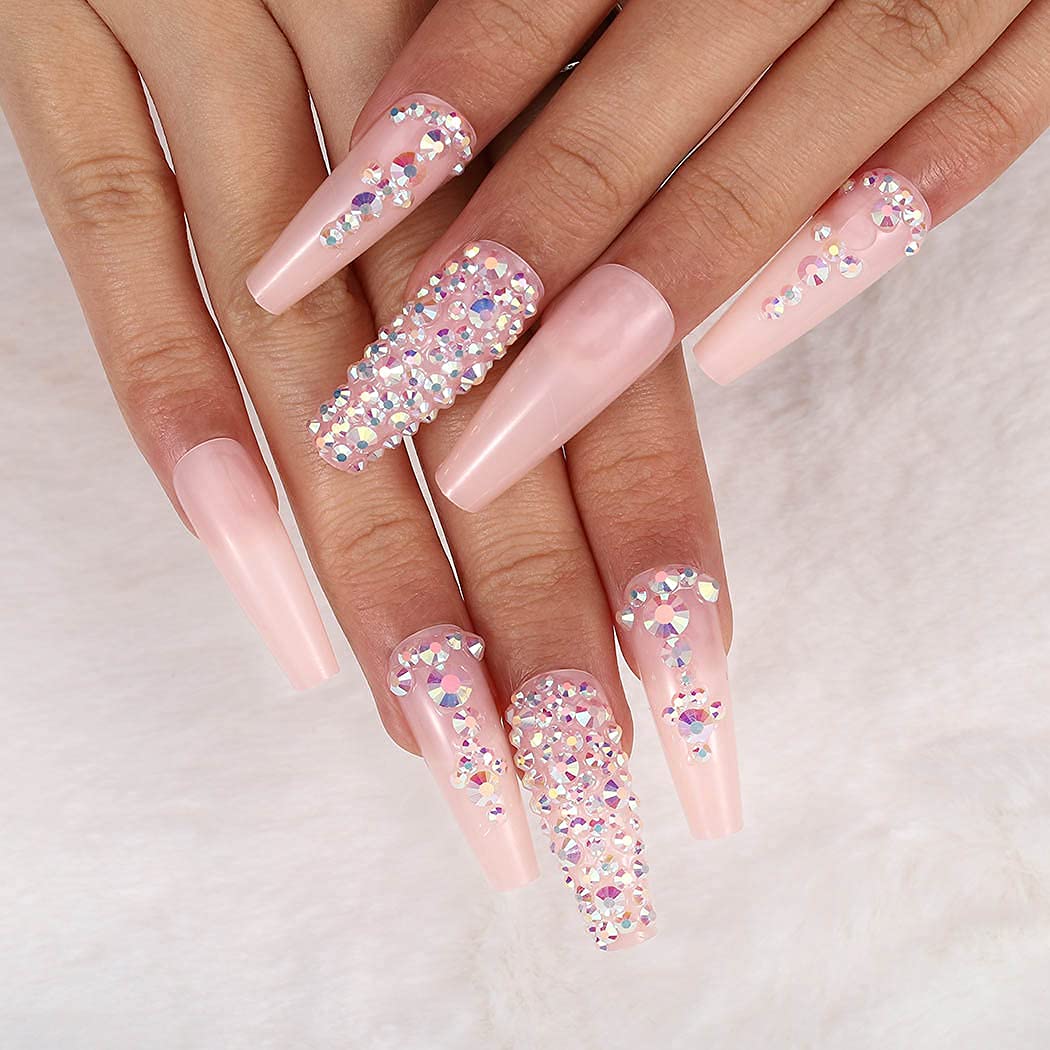 Long Crystal Press-On Nails - Nude Coffin Glossy Fake Nails with 3D Bling & Rhinestones | Ballerina False Nails Set for Women & Girls (24Pcs) | Perfect for Parties, Weddings & Special Occasions