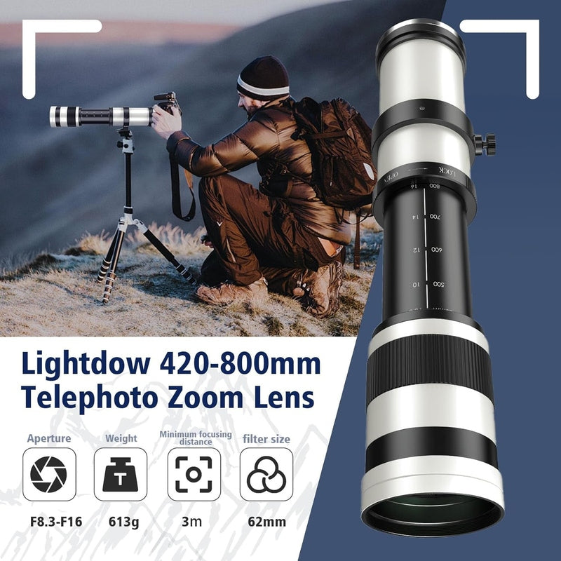 Lightdow 420-800mm f/8.3 Telephoto Zoom Lens for Canon EF/EF-S/RF Mount - Professional Wildlife & Sports Photography, Long Distance Shooting for DSLR & Mirrorless Cameras