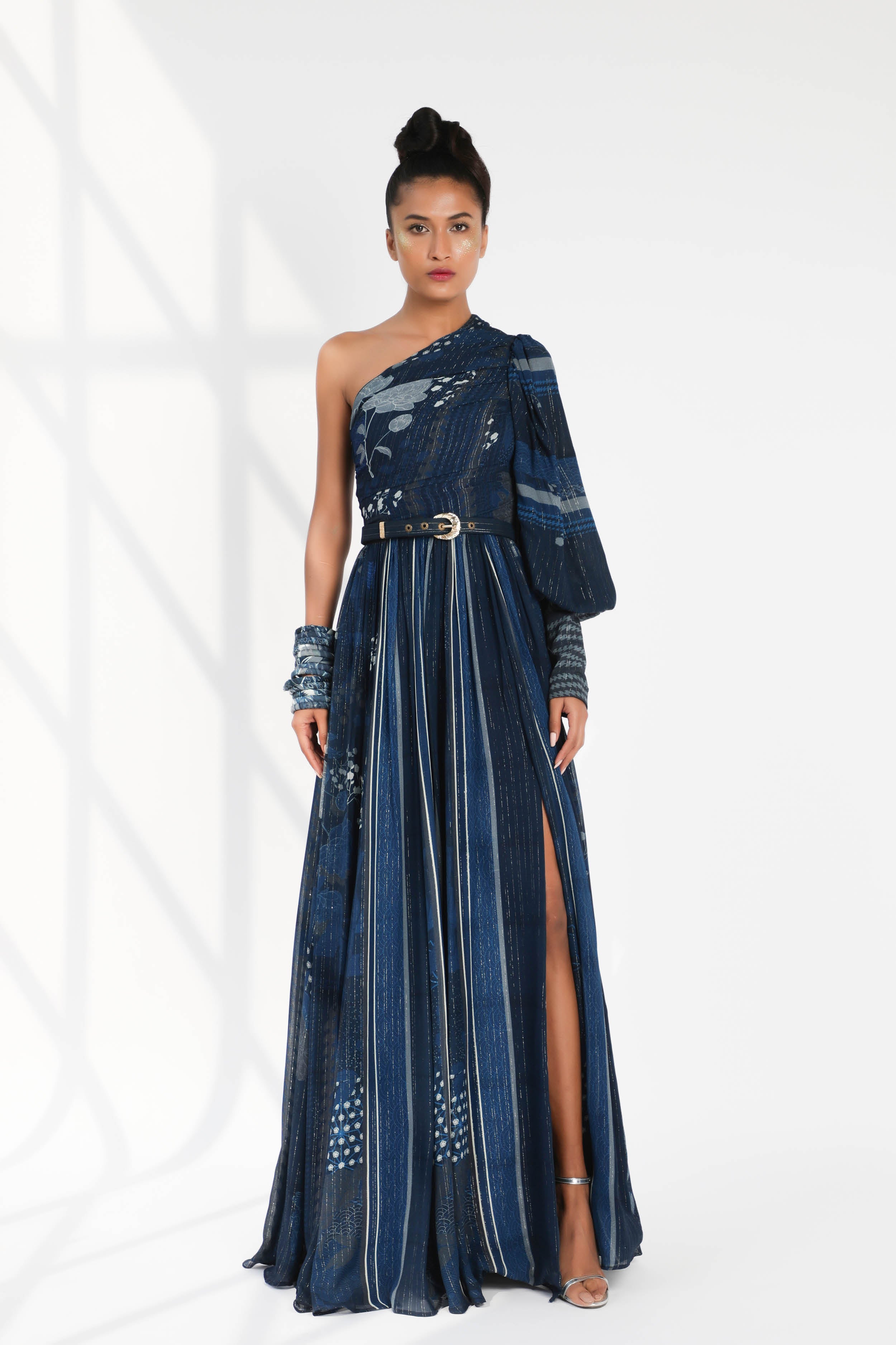 Elegant Indigo Blue Floral Print One Shoulder Dress with Adjustable Belt - Perfect for Summer Weddings, Cocktail Parties & Beach Vacations