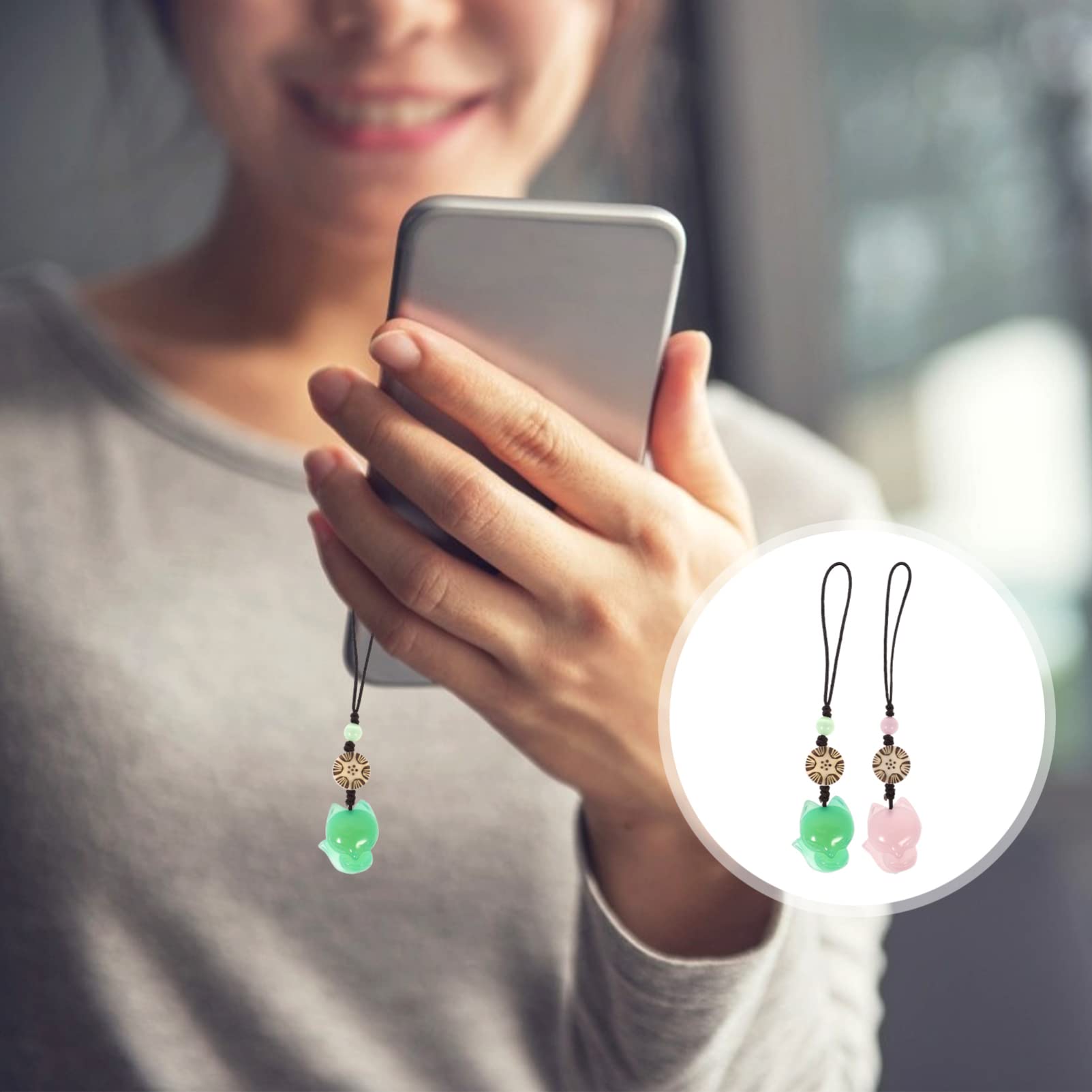 Little Fox Phone Strap Pendant - Agate Jade Phone Charm & Keychain Accessory (2PCS, Green & Pink) | Cute Gift for Friends, Phone Bag Decoration | Perfect for Daily Use, Travel & Fashion Accessories