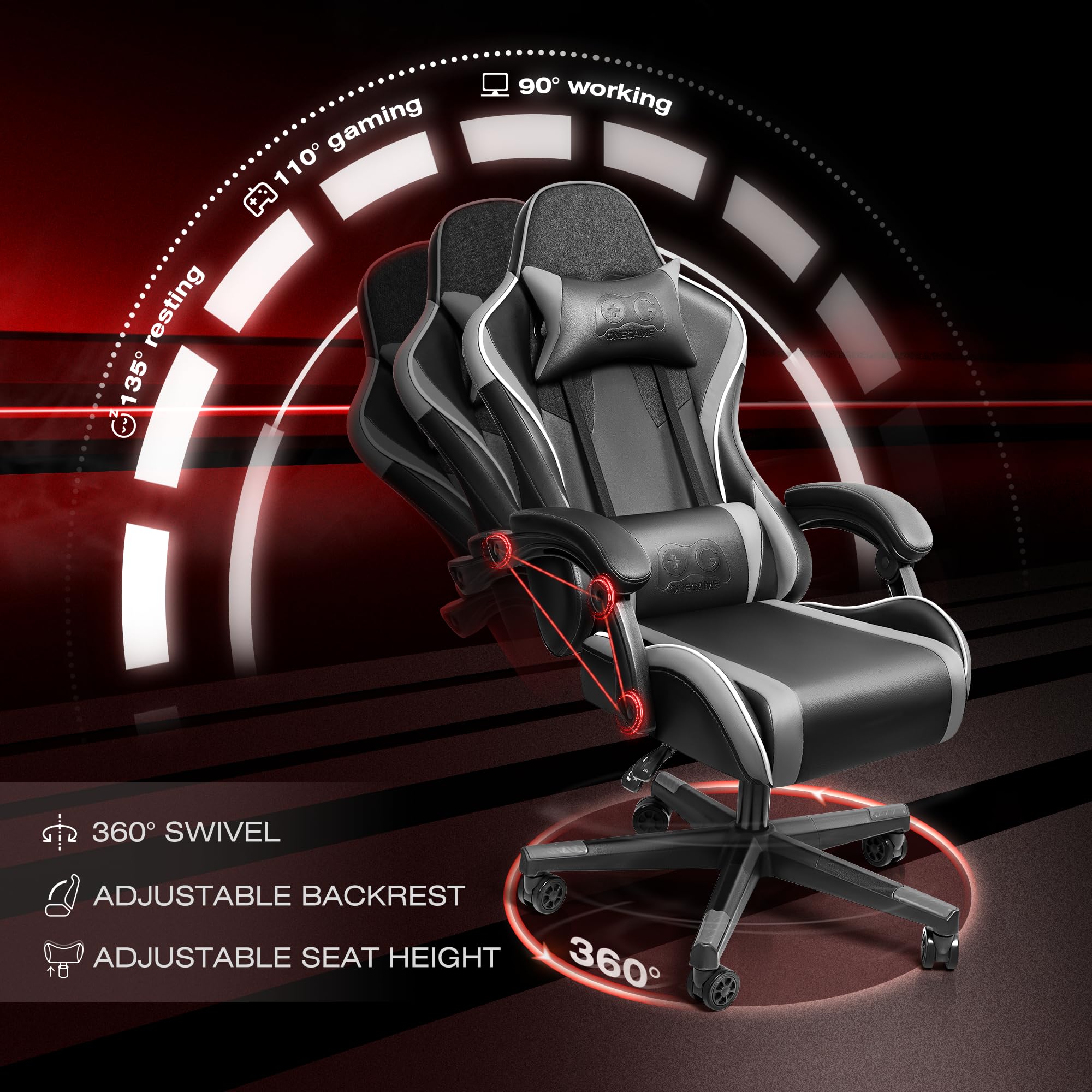 OneGame Ergonomic Gaming Chair - High Back Racing Style Computer Desk Chair with Adjustable Lumbar Support, Swivel & Reclining for Office & Home Use - Black Gray - Perfect for PC Gaming, Streaming & Long Work Sessions