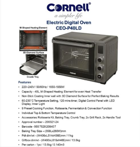 Cornell 40L Digital Electric Oven CEOP40LD - Precise Temperature Control for Baking, Roasting & Cooking | Perfect for Home Kitchens & Small Bakeries