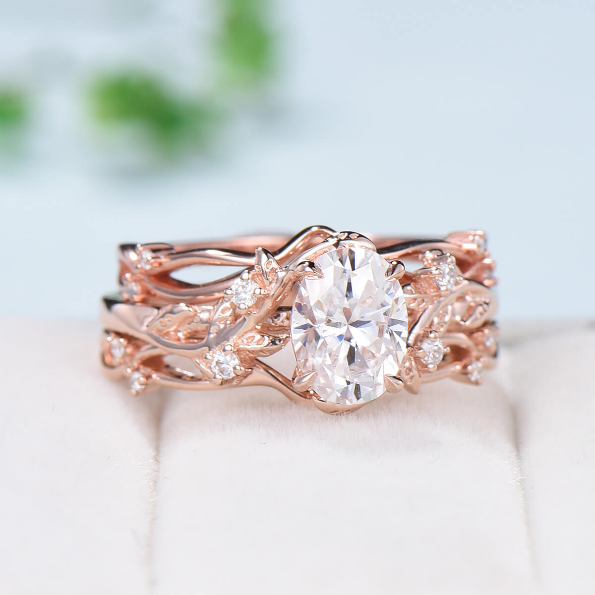 3Pcs Vintage Moissanite Engagement Ring Set - Nature Inspired Oval Cluster with Leaf & Branch Design, Unique Bridal Wedding Rings for Women | Perfect for Proposals, Anniversaries & Special Occasions