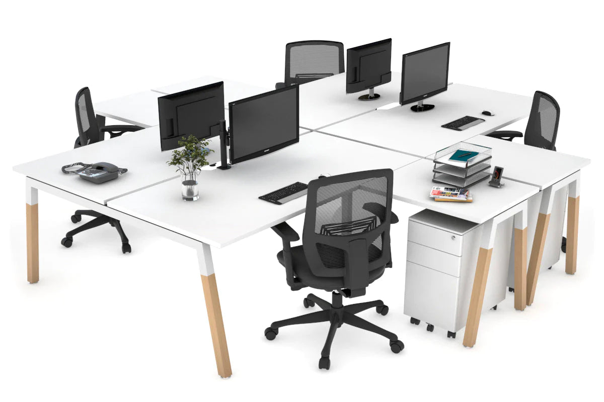 Quadro Wood A Legs Cross Beam 4-Person Corner Workstation Desk - 1600L x 1800W with Cable Management Scallop - Perfect for Office, Home Workspace & Collaborative Environments