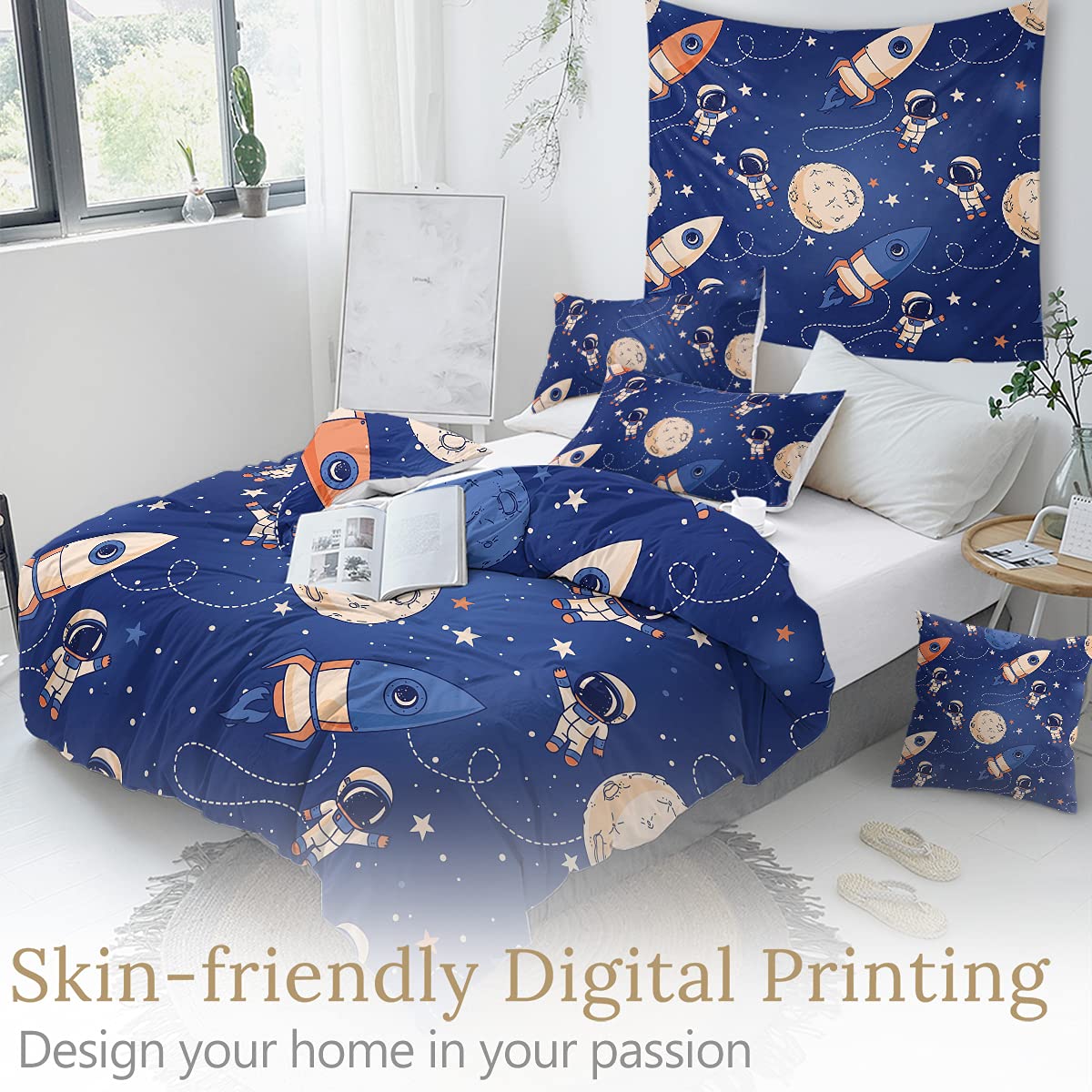 **Sleepwish 3-Piece Kids Duvet Cover Set - Dark Blue Rocket Ship Space Theme, Astronaut & Planets Design, Queen Size Bedding for Boys & Girls - Perfect for Kids' Bedrooms, Space-Themed Decor & Cozy Sleep**
