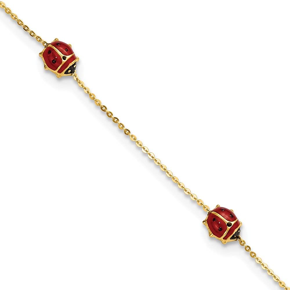 14K Gold Polished Enamel Ladybug Bracelet - 6.5 Inch Adjustable with 0.75 Inch Extension - Elegant Jewelry Gift for Women, Perfect for Birthday, Anniversary & Everyday Wear